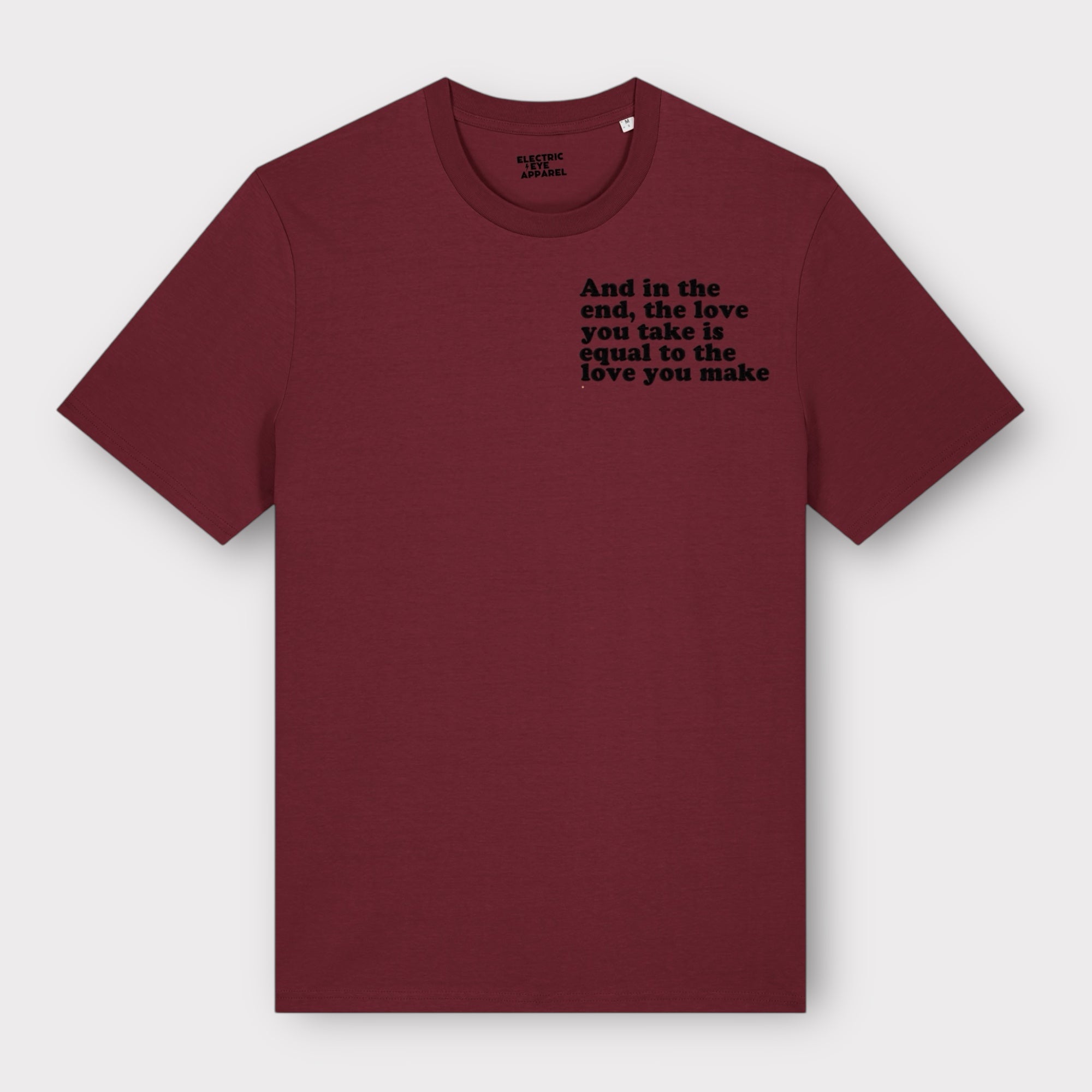 'And in the end the love you take is equal to the love you make' men's left chest embroidered premium organic medium fit 'creator' t-shirt - inspired by The Beatles