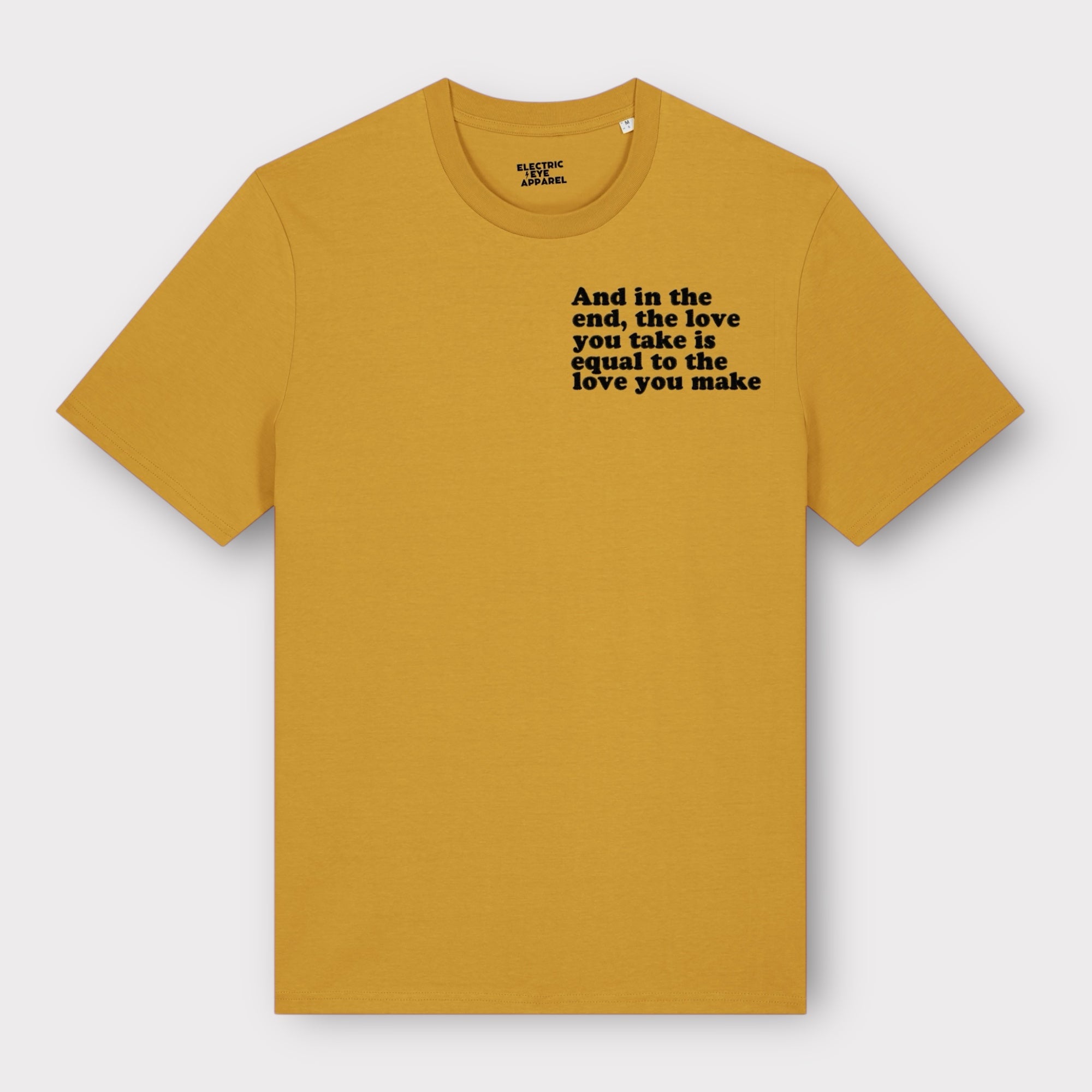 'And in the end the love you take is equal to the love you make' men's left chest embroidered premium organic medium fit 'creator' t-shirt - inspired by The Beatles