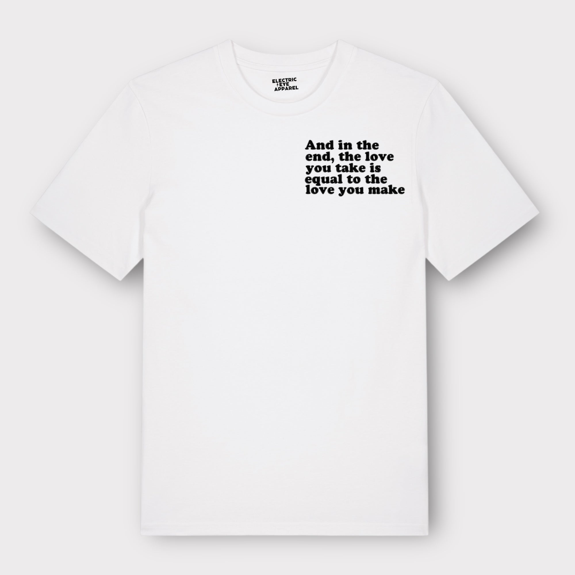 'And in the end the love you take is equal to the love you make' men's left chest embroidered premium organic medium fit 'creator' t-shirt - inspired by The Beatles