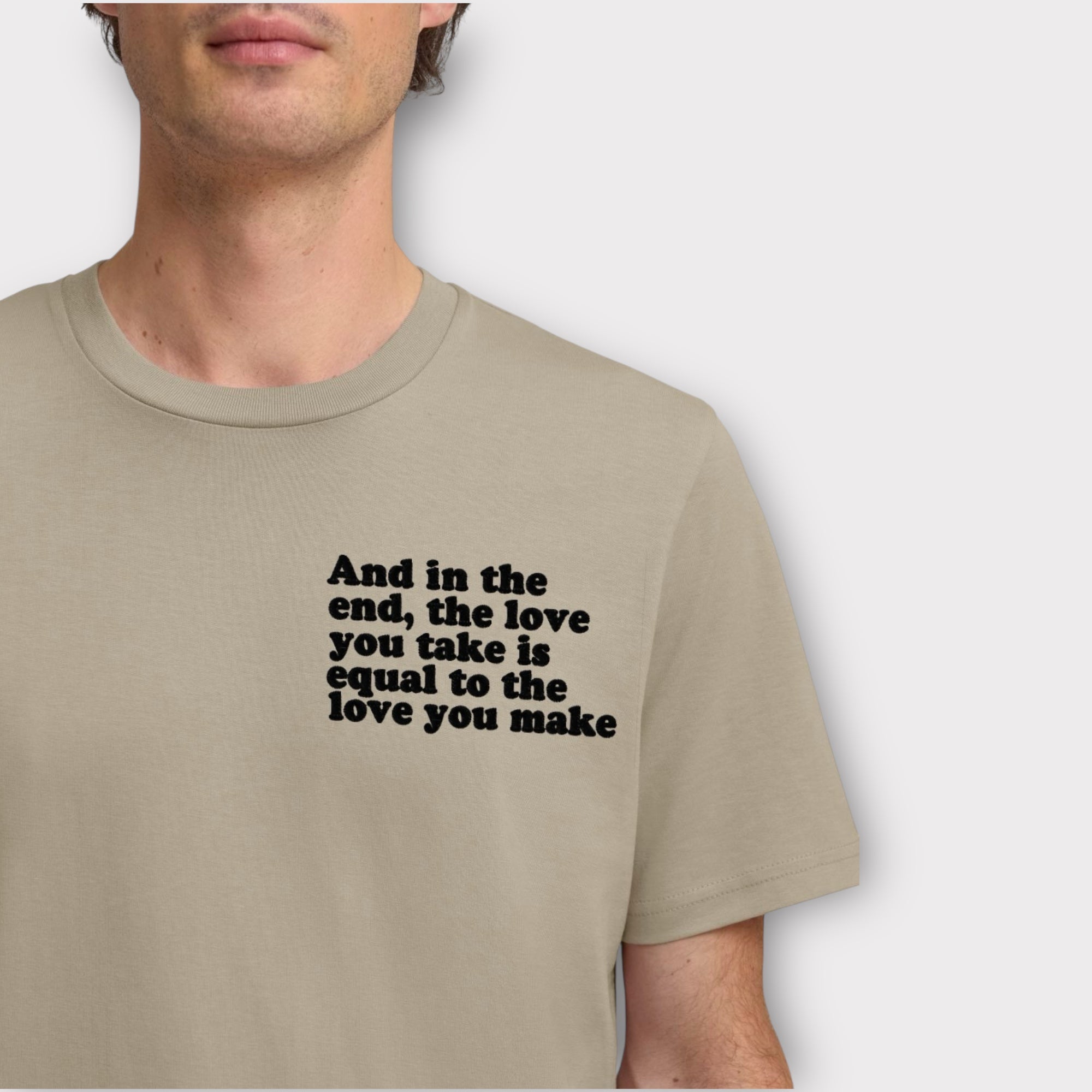 'And in the end the love you take is equal to the love you make' men's left chest embroidered premium organic medium fit 'creator' t-shirt - inspired by The Beatles