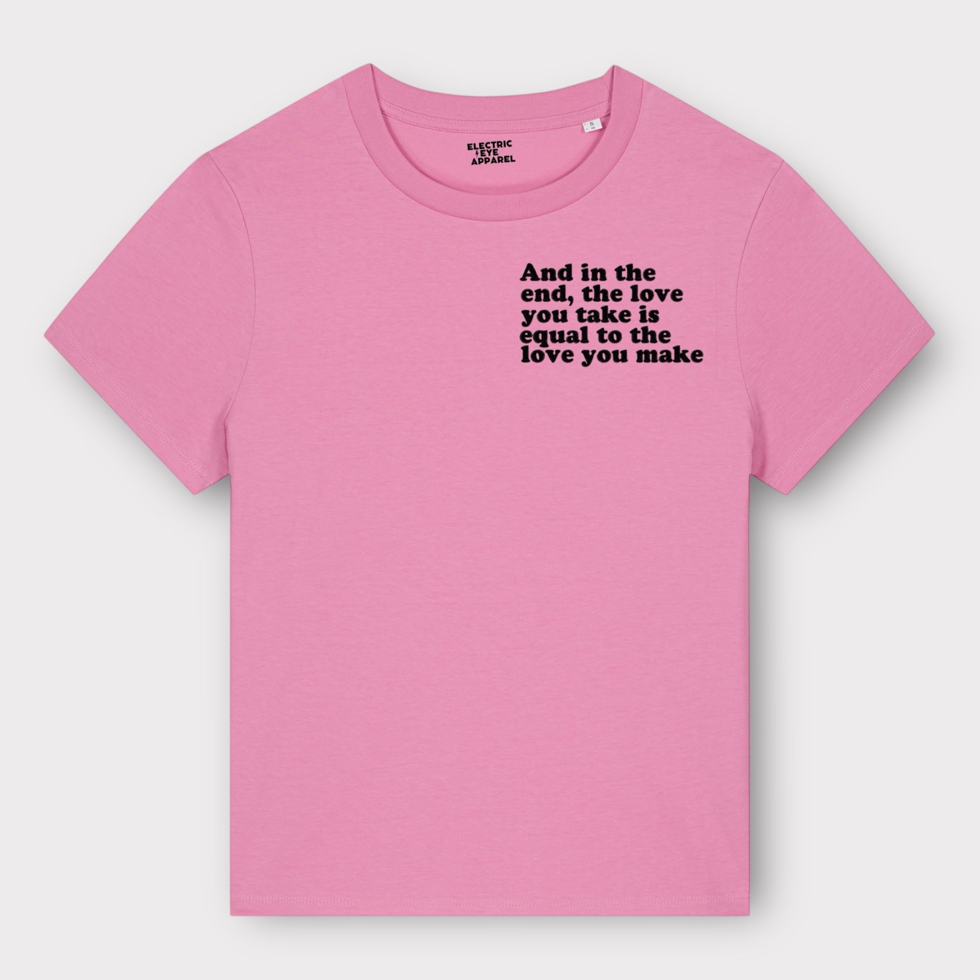 'And in the end the love you take is equal to the love you make' women's left chest embroidered premium organic medium fit 'Muser' t-shirt - inspired by The Beatles