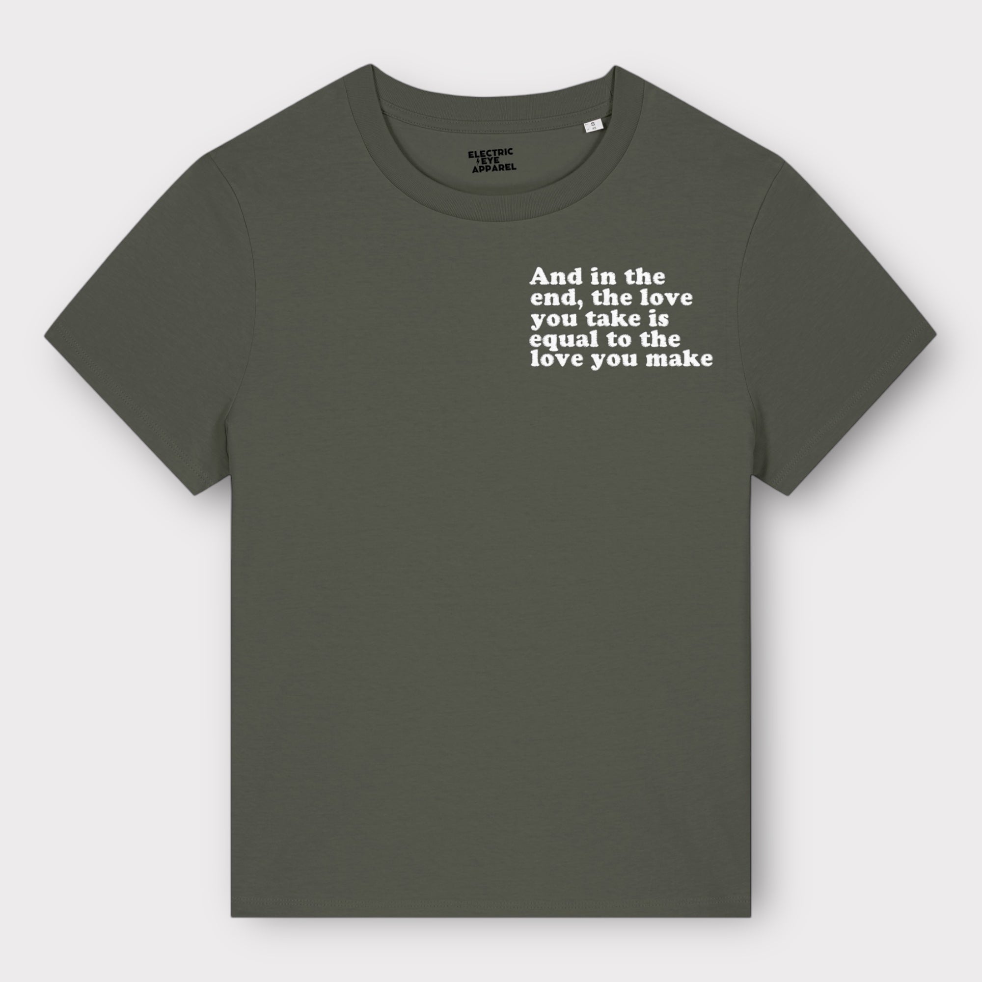 'And in the end the love you take is equal to the love you make' women's left chest embroidered premium organic medium fit 'Muser' t-shirt - inspired by The Beatles