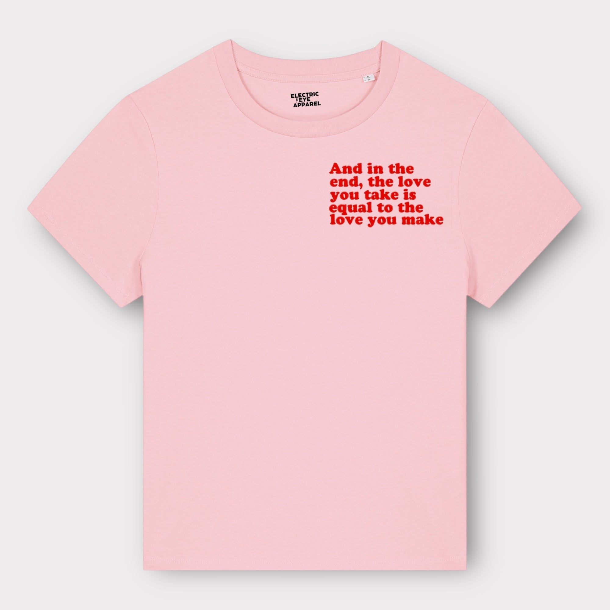 'And in the end the love you take is equal to the love you make' women's left chest embroidered premium organic medium fit 'Muser' t-shirt - inspired by The Beatles