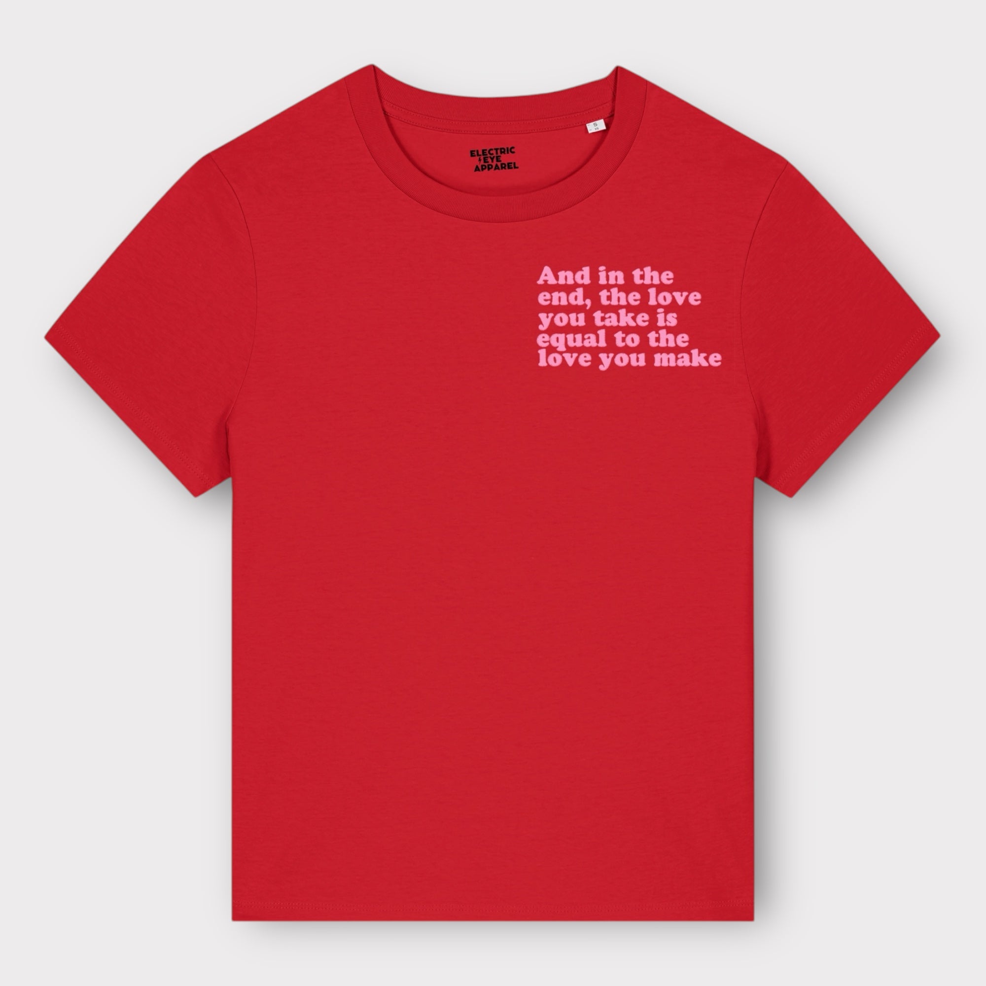 'And in the end the love you take is equal to the love you make' women's left chest embroidered premium organic medium fit 'Muser' t-shirt - inspired by The Beatles