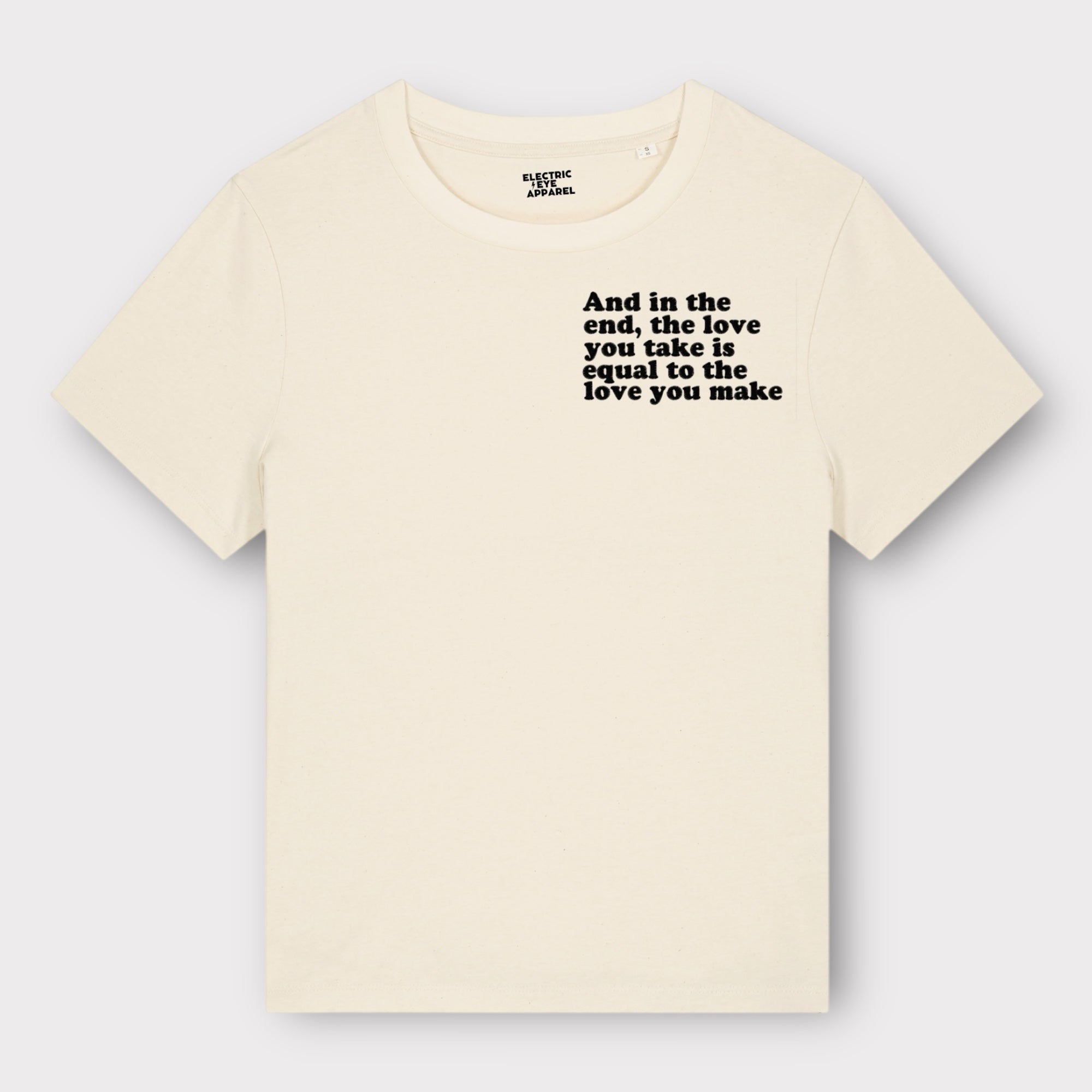 'And in the end the love you take is equal to the love you make' women's left chest embroidered premium organic medium fit 'Muser' t-shirt - inspired by The Beatles