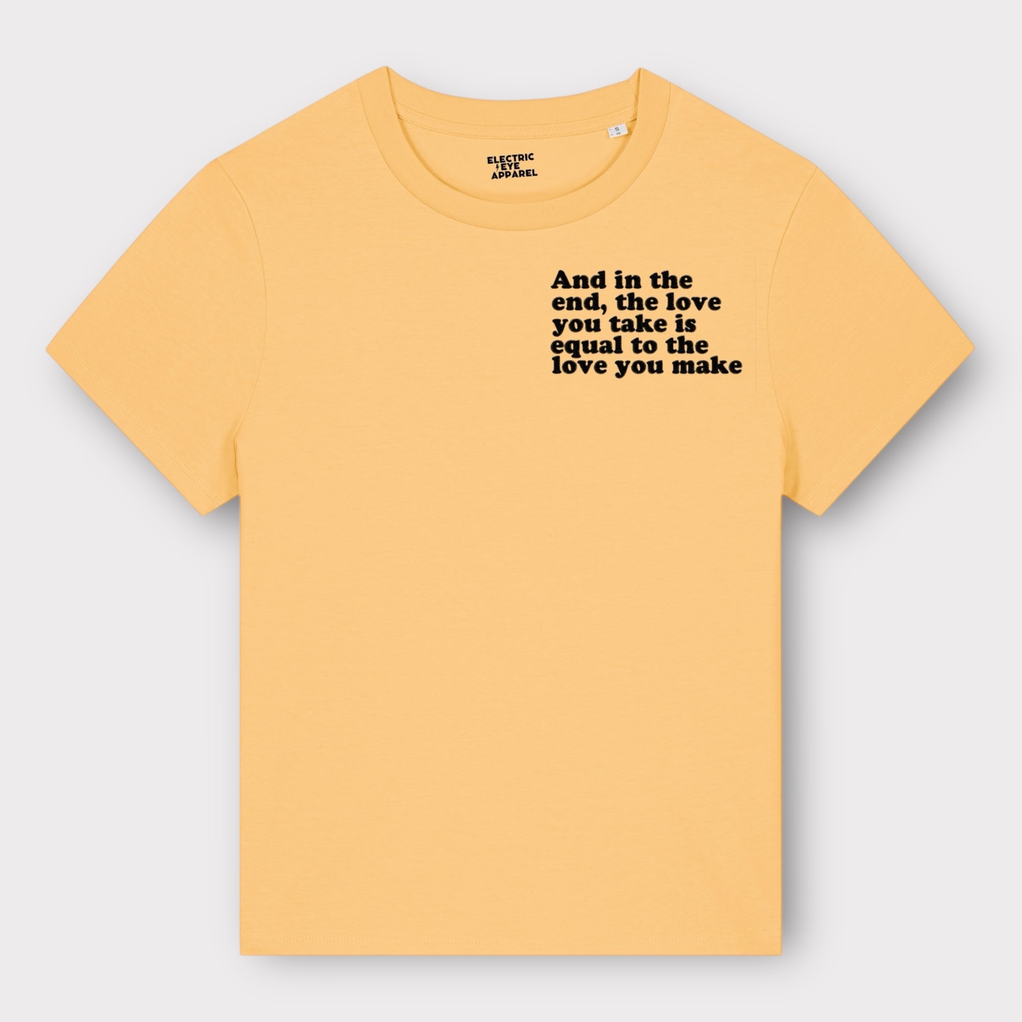 'And in the end the love you take is equal to the love you make' women's left chest embroidered premium organic medium fit 'Muser' t-shirt - inspired by The Beatles