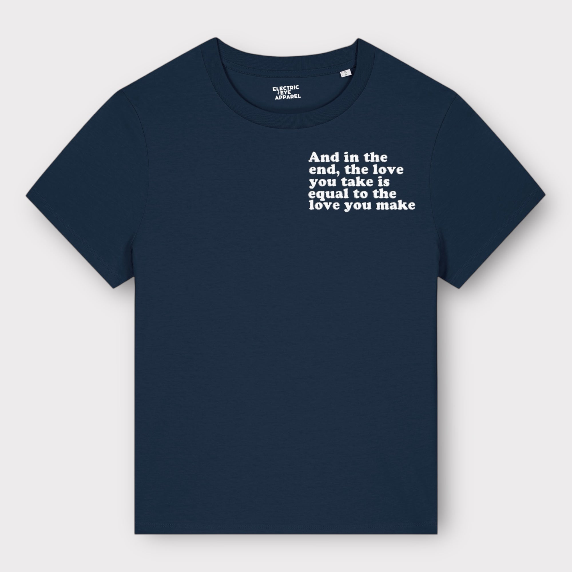 'And in the end the love you take is equal to the love you make' women's left chest embroidered premium organic medium fit 'Muser' t-shirt - inspired by The Beatles