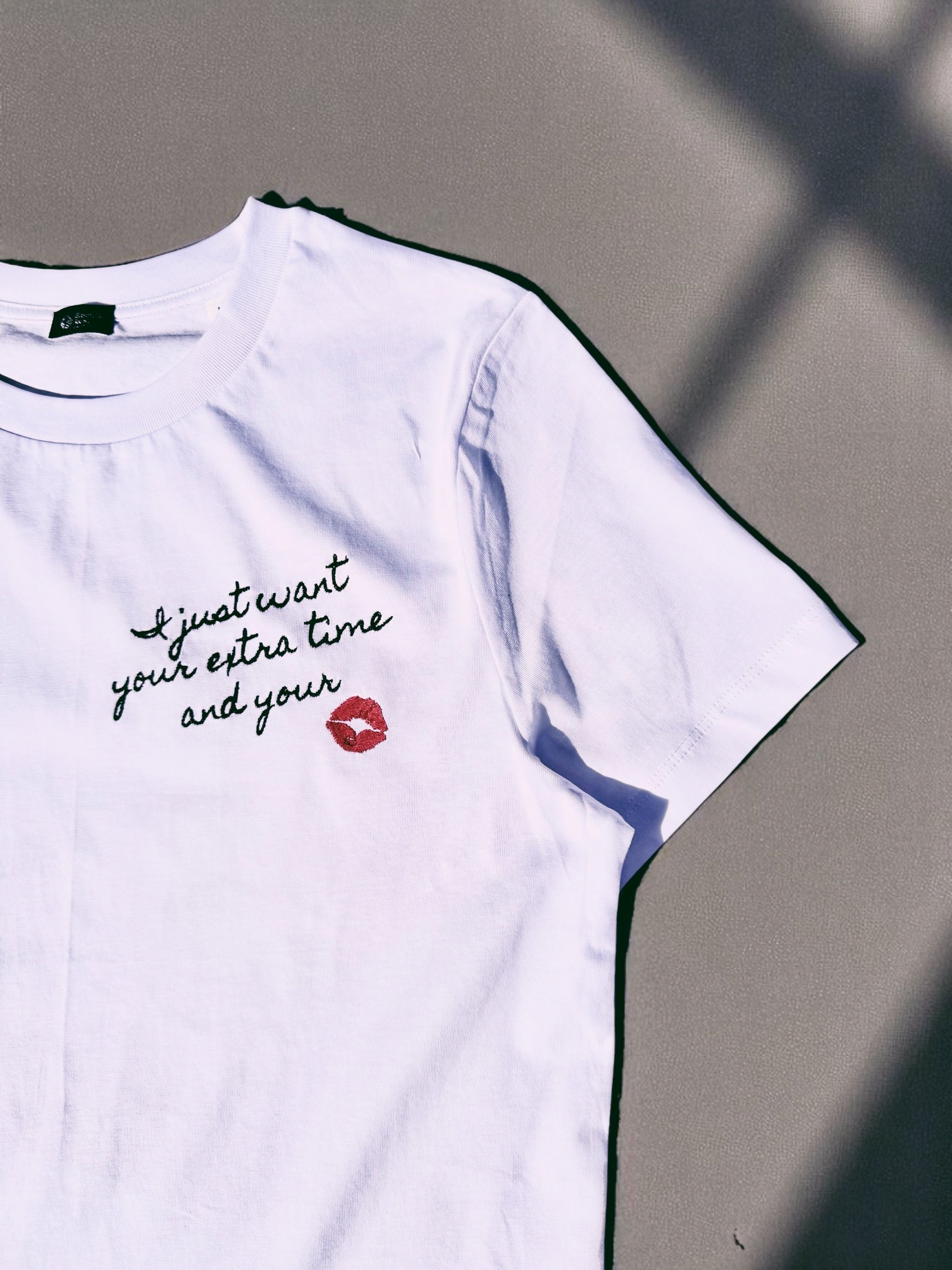 'I JUST WANT YOUR EXTRA TIME AND YOUR KISS' women's left chest embroidered premium organic medium fit 'Muser' t-shirt - inspired by Prince