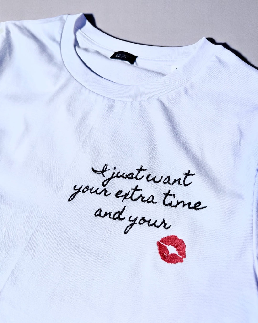 'I JUST WANT YOUR EXTRA TIME AND YOUR KISS' women's left chest embroidered premium organic medium fit 'Muser' t-shirt - inspired by Prince