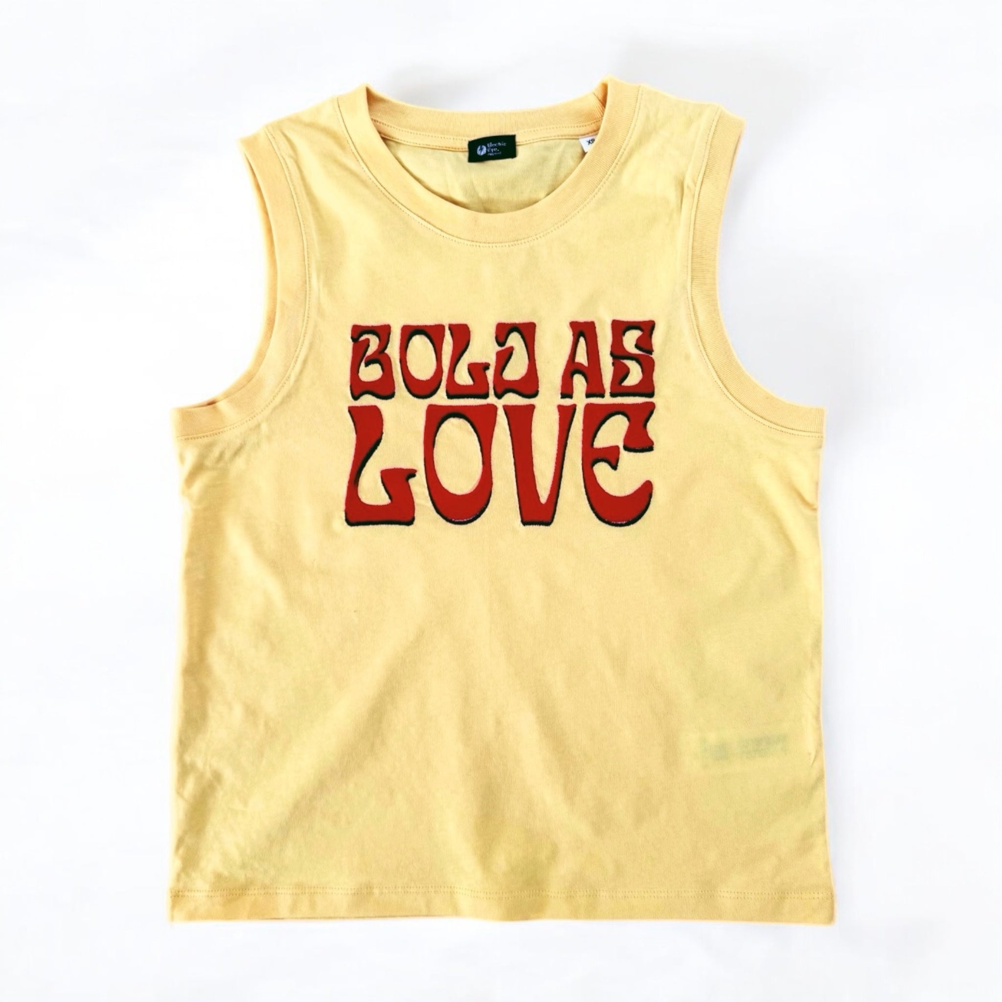 70s style 'BOLD AS LOVE' embroidered premium organic iconic women's sleeveless 'Mia' tank vest top.