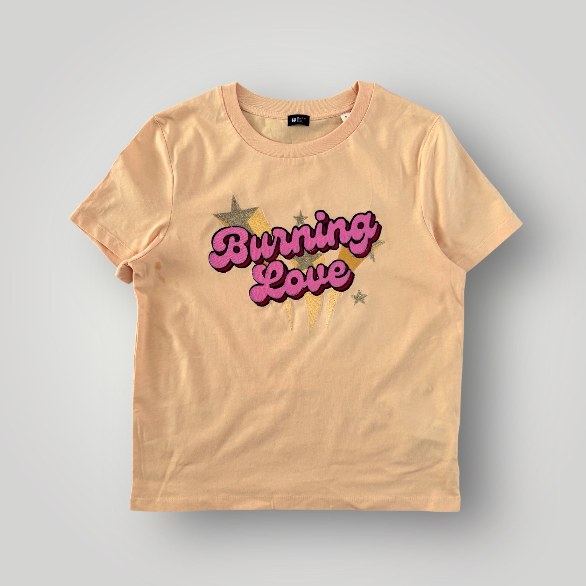 'BURNING LOVE' 70s Glam embroidered premium organic iconic women's 'Muser' t-shirt with glitter embroidery
