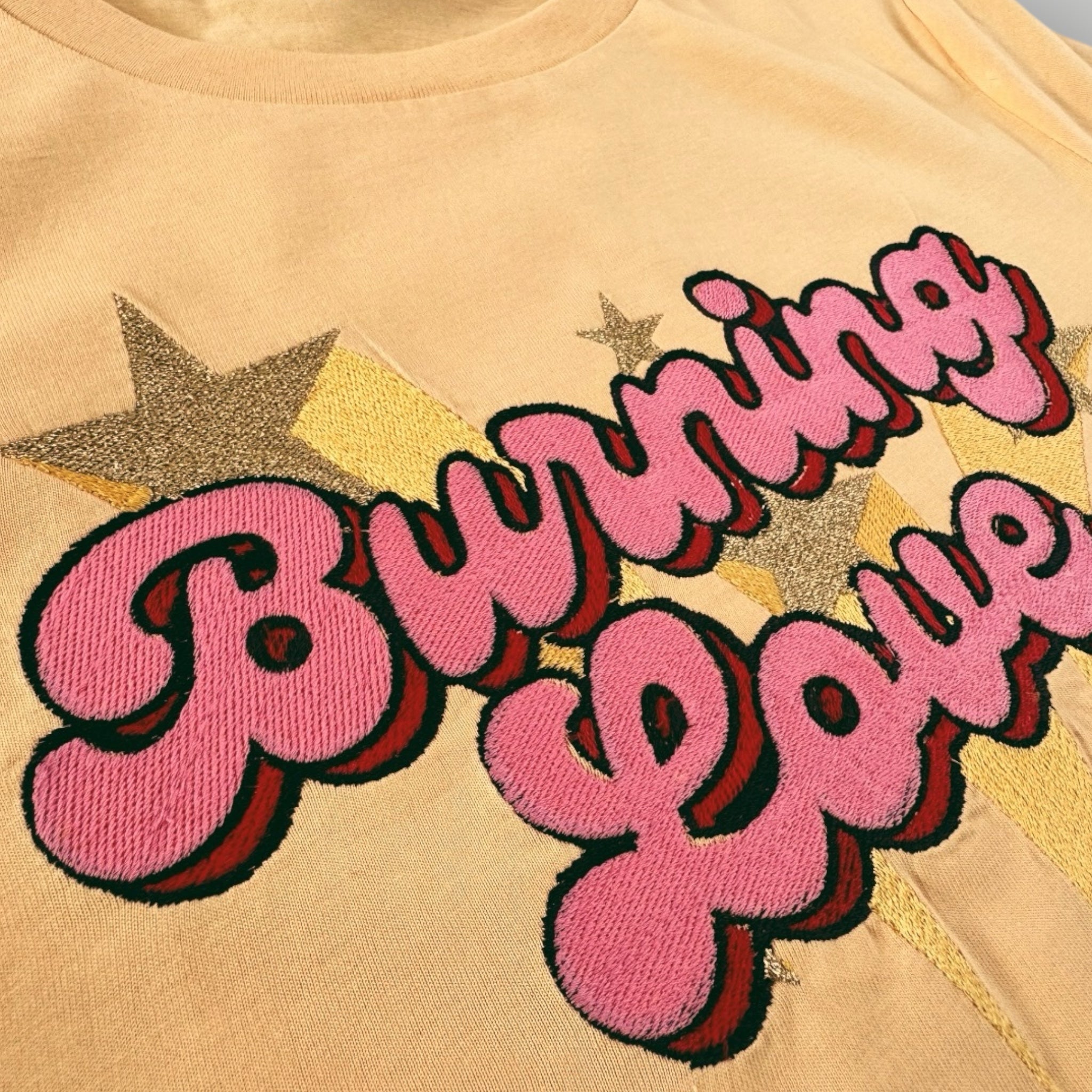 'BURNING LOVE' 70s Glam embroidered premium organic iconic women's 'Muser' t-shirt with glitter embroidery