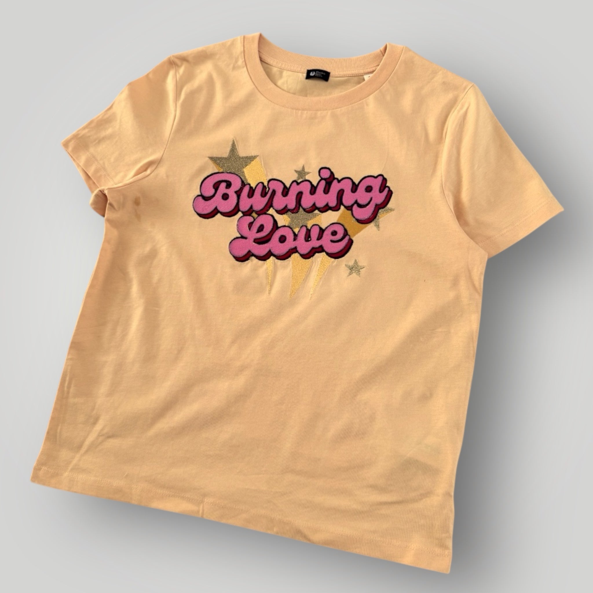 'BURNING LOVE' 70s Glam embroidered premium organic iconic women's 'Muser' t-shirt with glitter embroidery