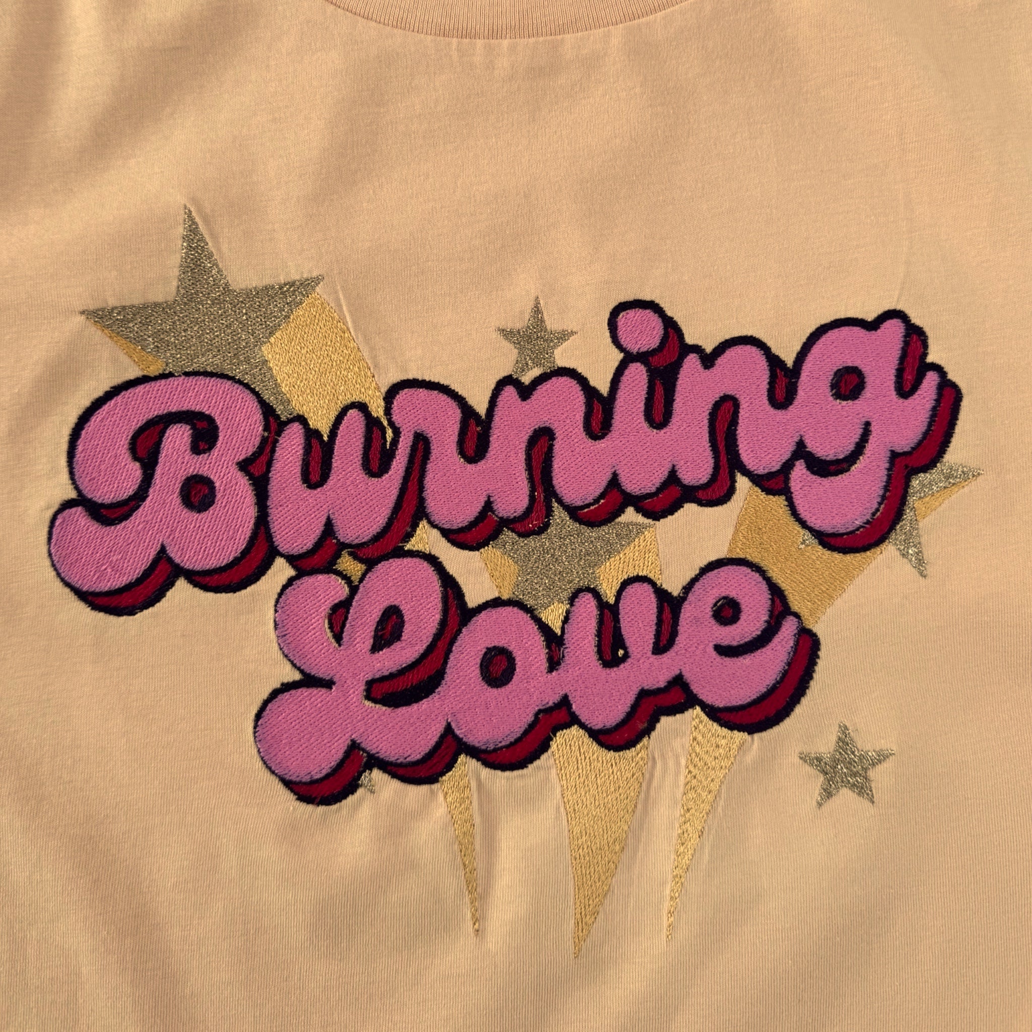 'BURNING LOVE' 70s Glam embroidered premium organic iconic women's 'Muser' t-shirt with glitter embroidery