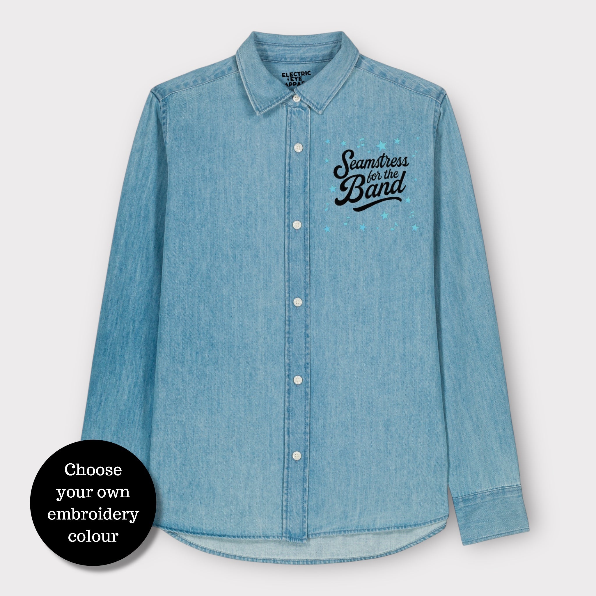 'SEAMSTRESS FOR THE BAND' star & music note embroidered women's organic denim shirt - inspired by Elton John
