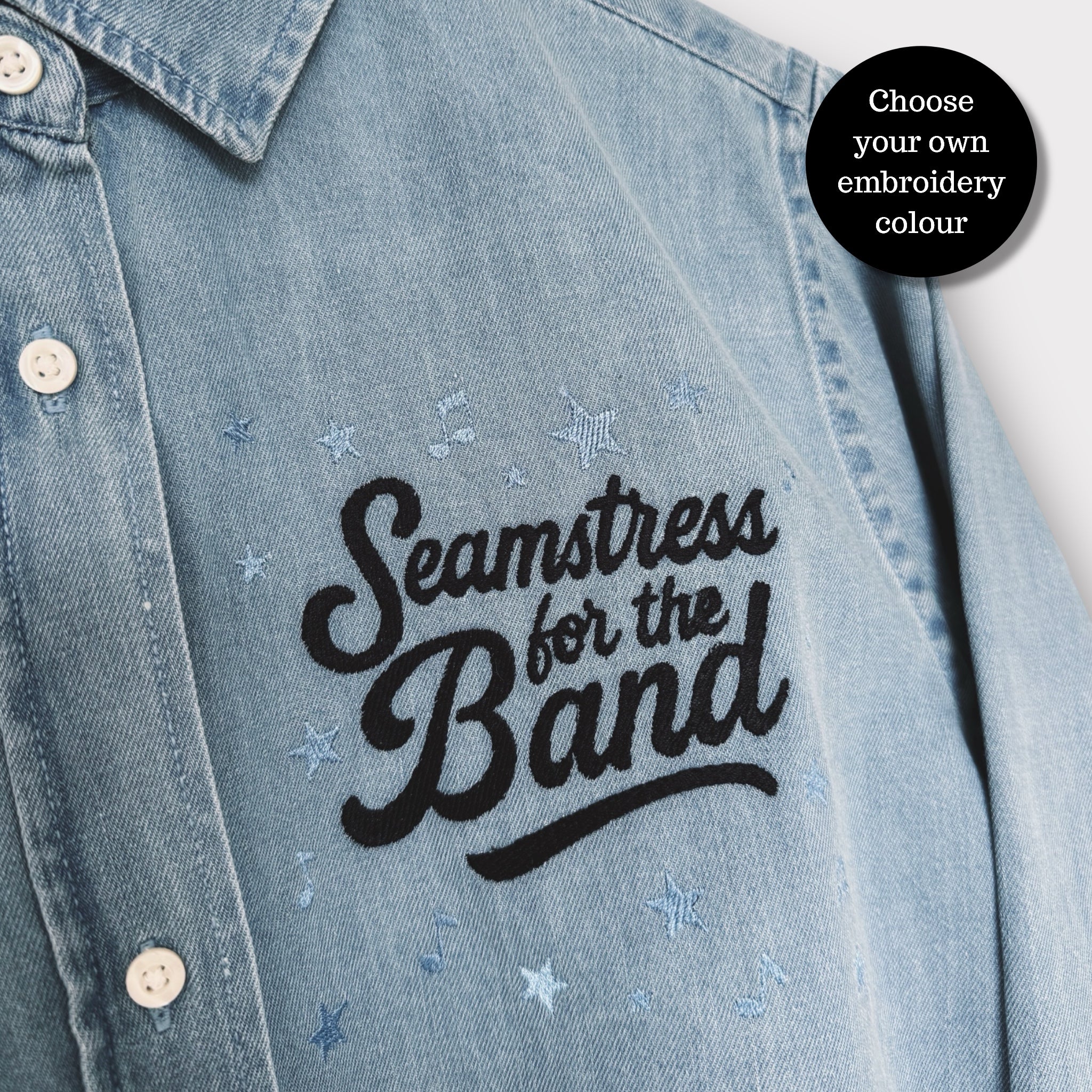 'SEAMSTRESS FOR THE BAND' star & music note embroidered women's organic denim shirt - inspired by Elton John
