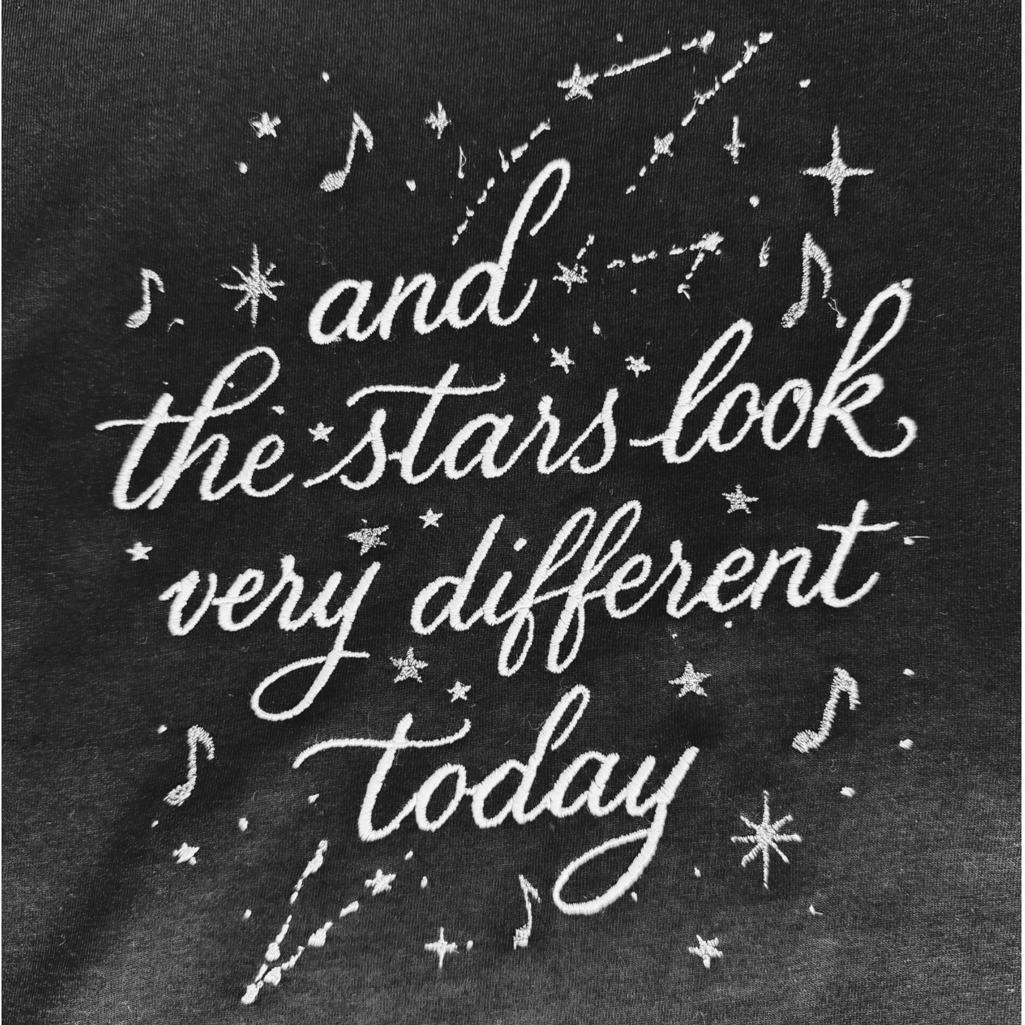 'AND THE STARS LOOK VERY DIFFERENT TODAY' embroidered premium organic women's collider t-shirt with glitter stars - inspired by David Bowie