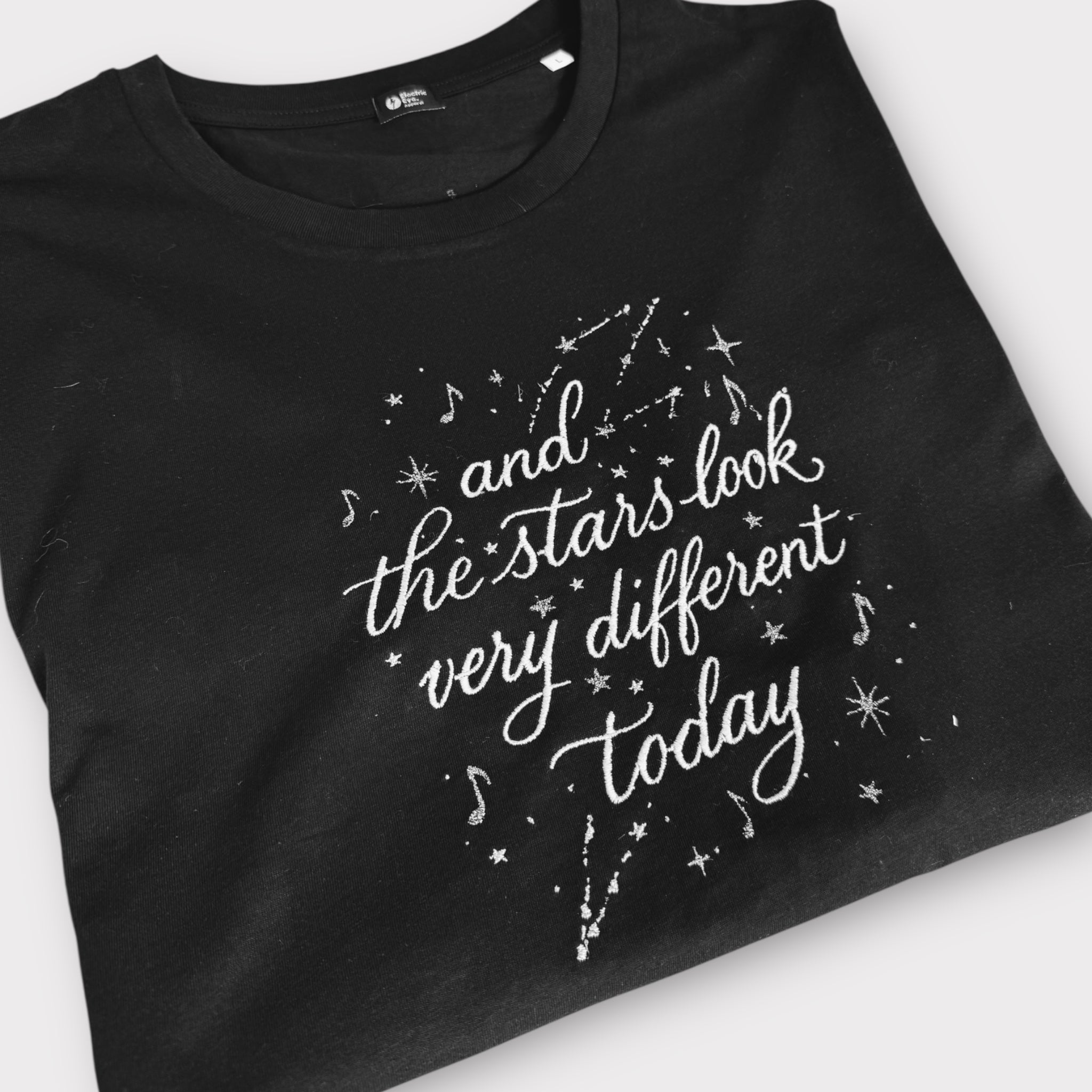 'AND THE STARS LOOK VERY DIFFERENT TODAY' embroidered premium organic women's collider t-shirt with glitter stars - inspired by David Bowie