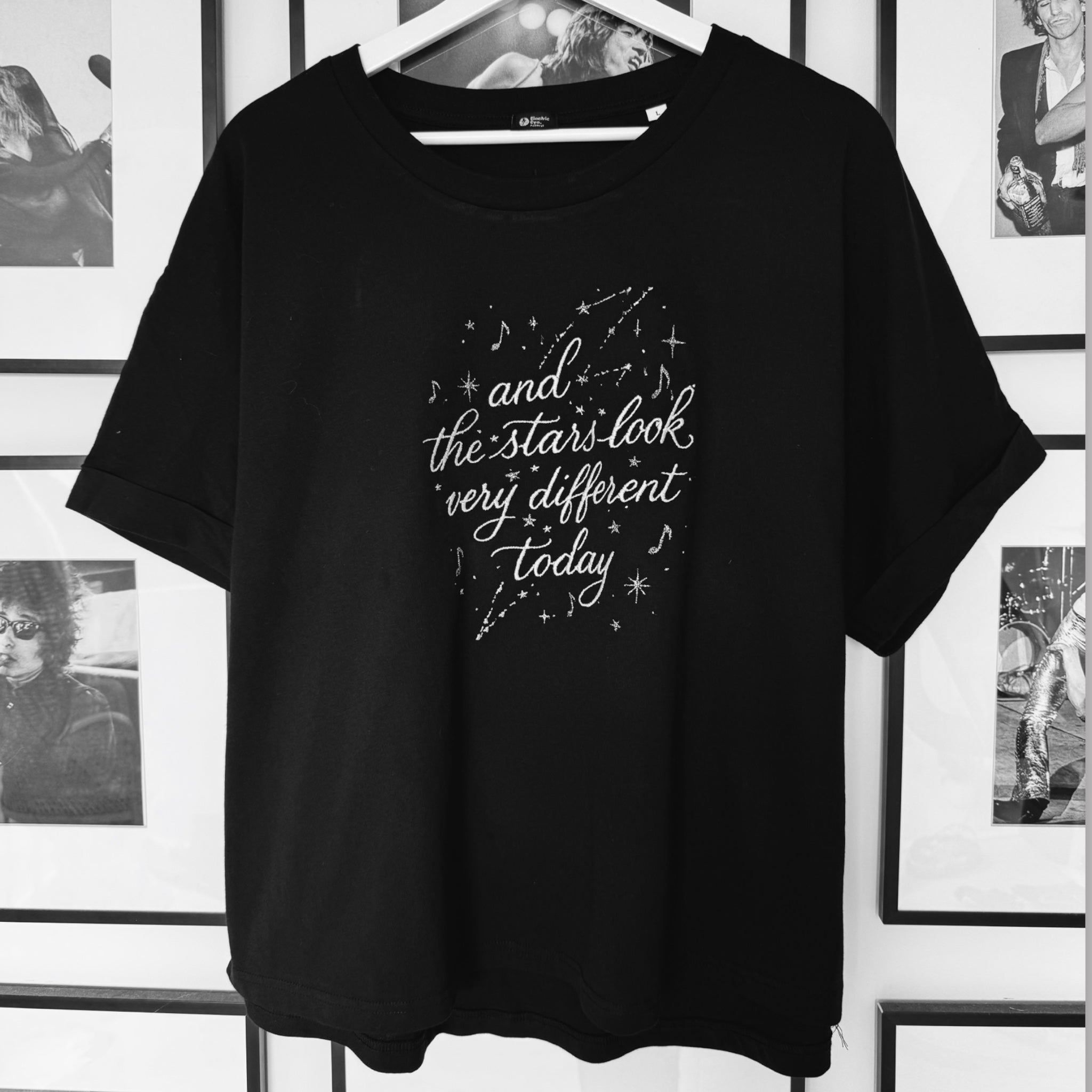 'AND THE STARS LOOK VERY DIFFERENT TODAY' embroidered premium organic women's collider t-shirt with glitter stars - inspired by David Bowie