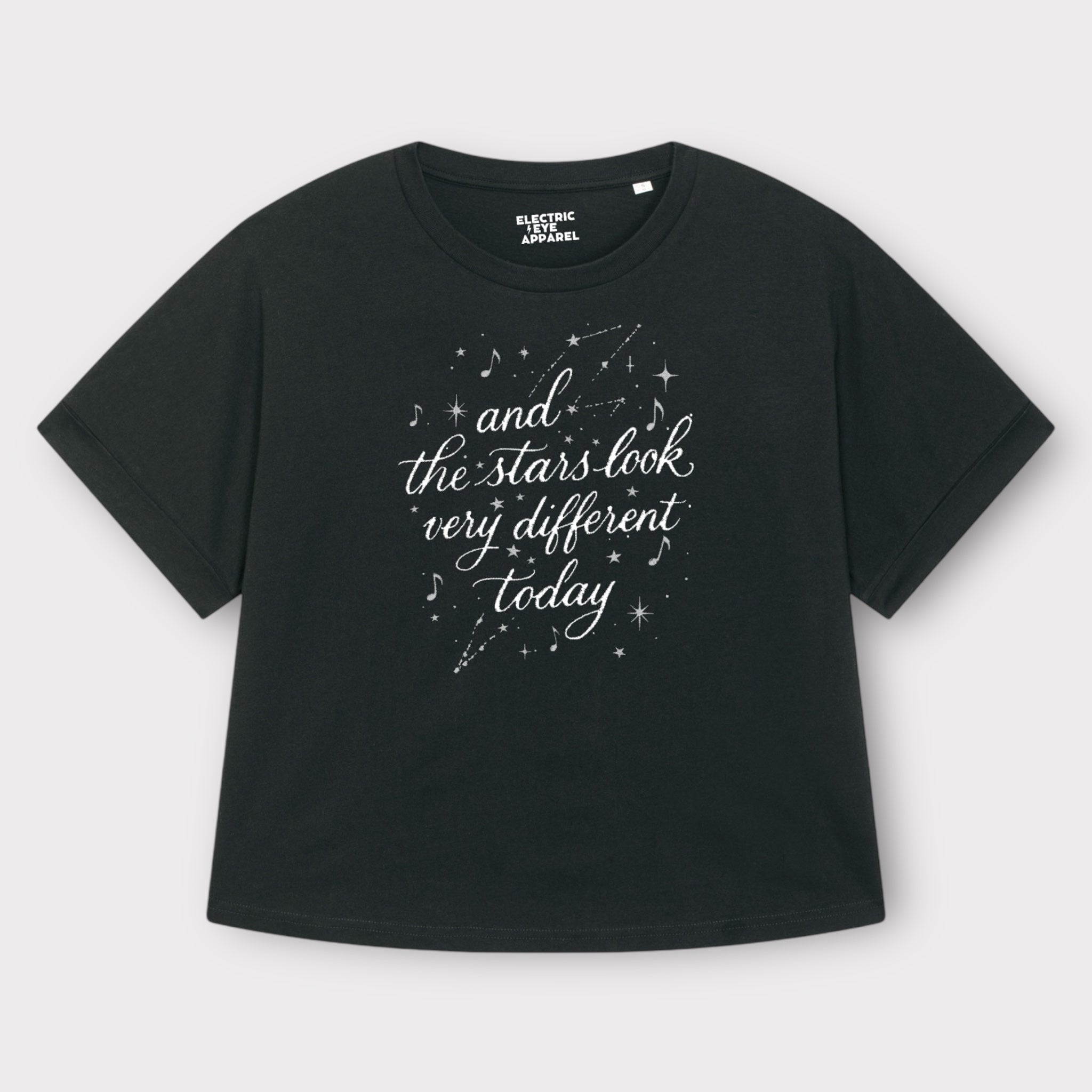 'AND THE STARS LOOK VERY DIFFERENT TODAY' embroidered premium organic women's collider t-shirt with glitter stars - inspired by David Bowie