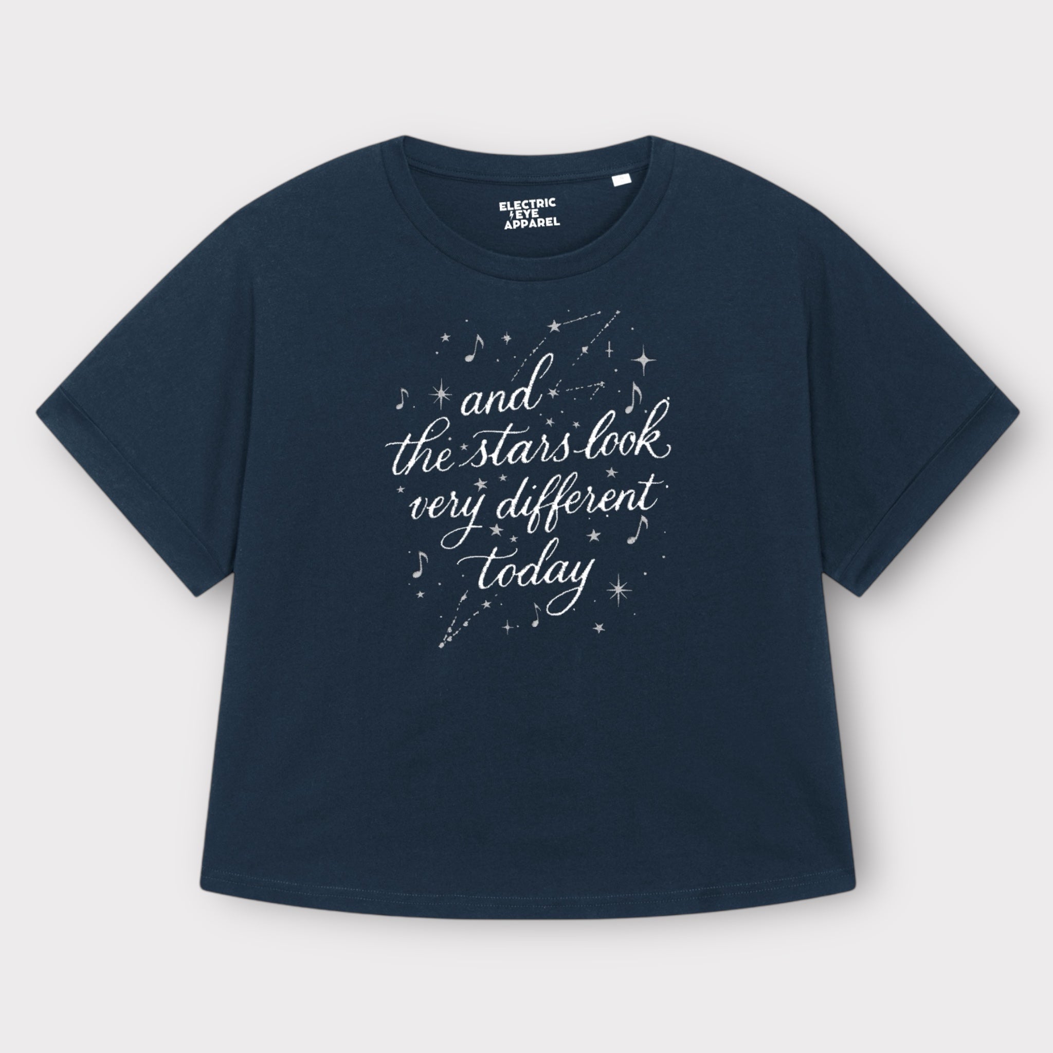 'AND THE STARS LOOK VERY DIFFERENT TODAY' embroidered premium organic women's collider t-shirt with glitter stars - inspired by David Bowie