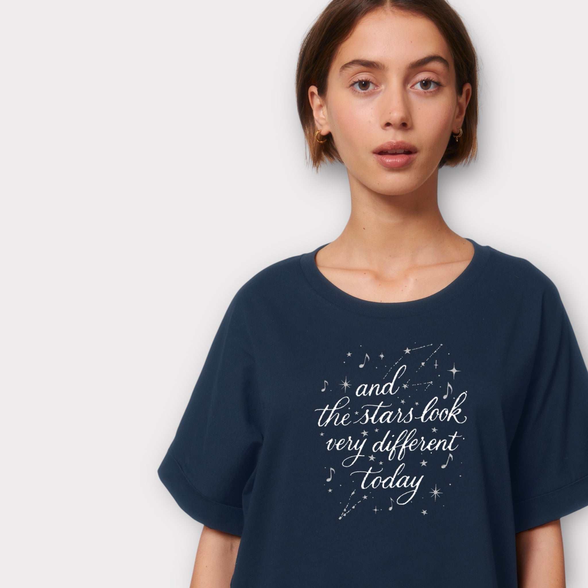 'AND THE STARS LOOK VERY DIFFERENT TODAY' embroidered premium organic women's collider t-shirt with glitter stars - inspired by David Bowie