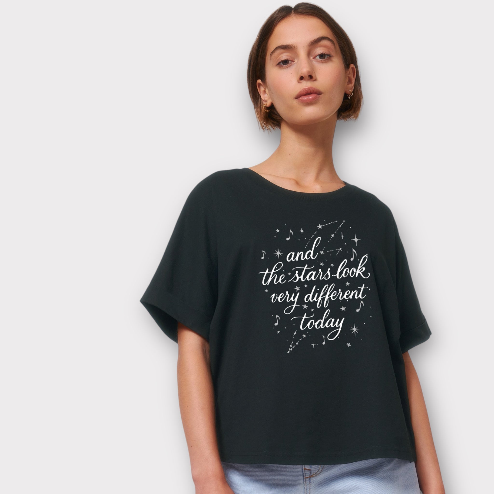 'AND THE STARS LOOK VERY DIFFERENT TODAY' embroidered premium organic women's collider t-shirt with glitter stars - inspired by David Bowie