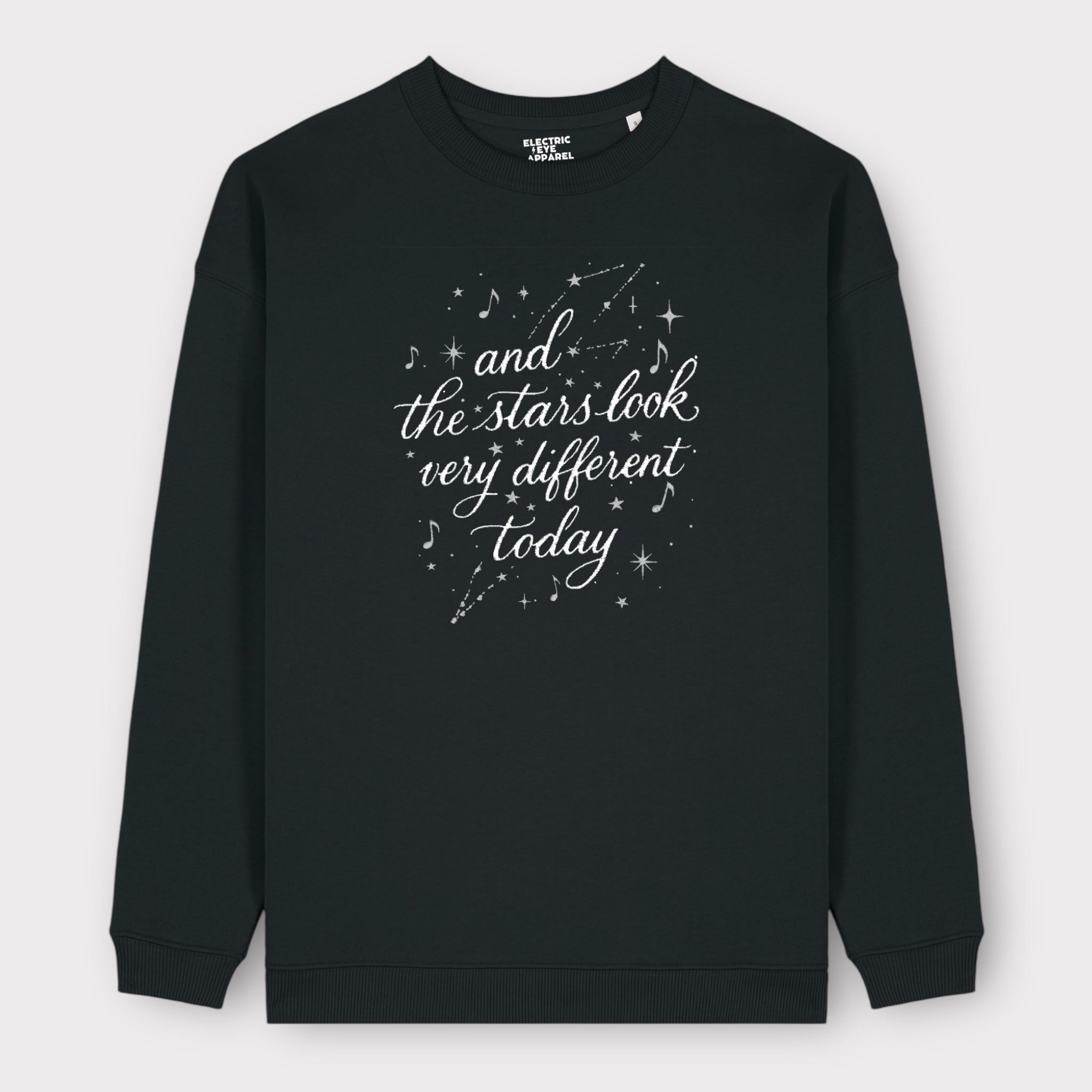 'AND THE STARS LOOK VERY DIFFERENT TODAY' glitter constellation embroidered organic women's 90s dropped shoulder 'Changer' sweatshirt - inspired by David Bowie