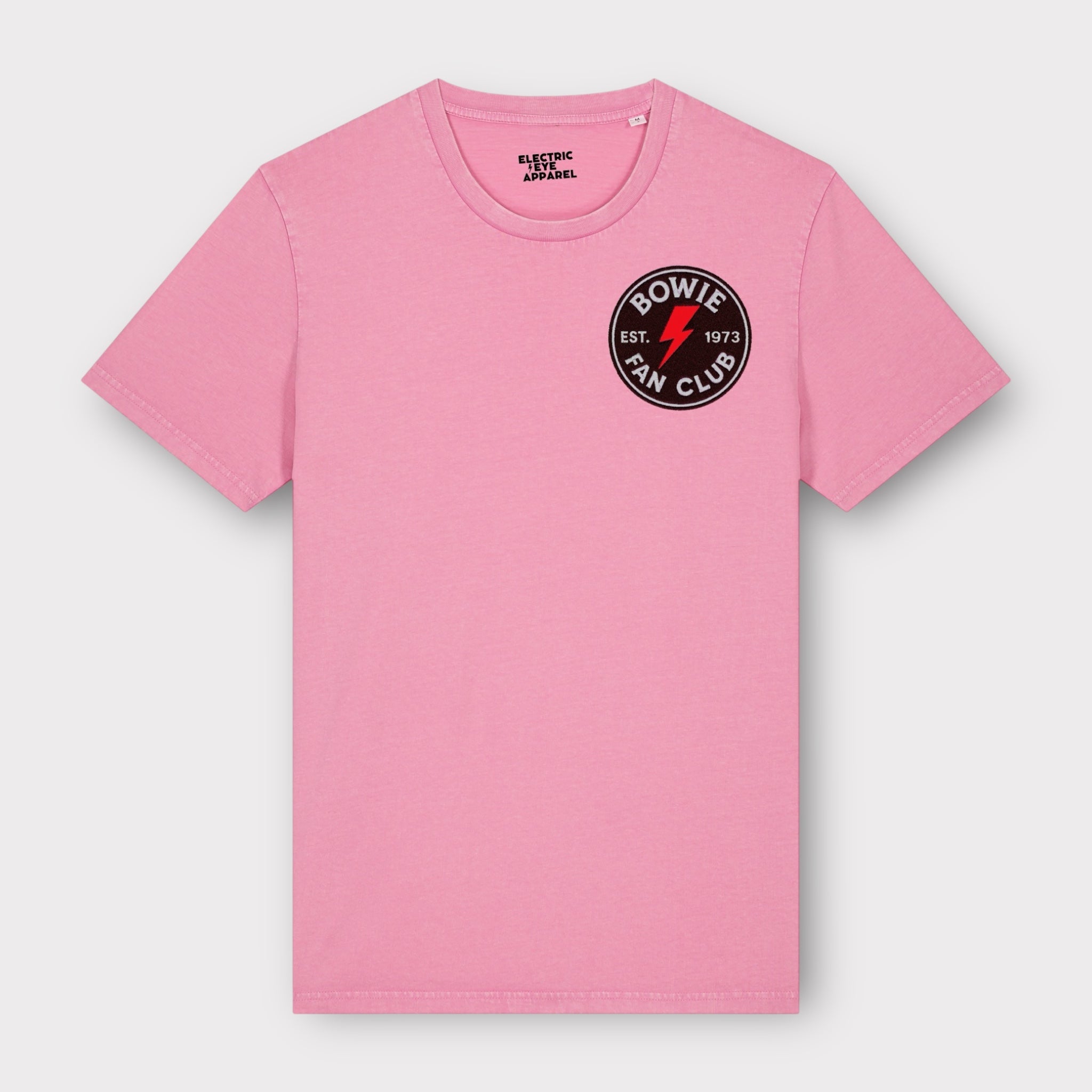 'BOWIE FANCLUB 1973 GLITTER BOLT BADGE' embroidered premium organic unisex vintage aged t-shirt