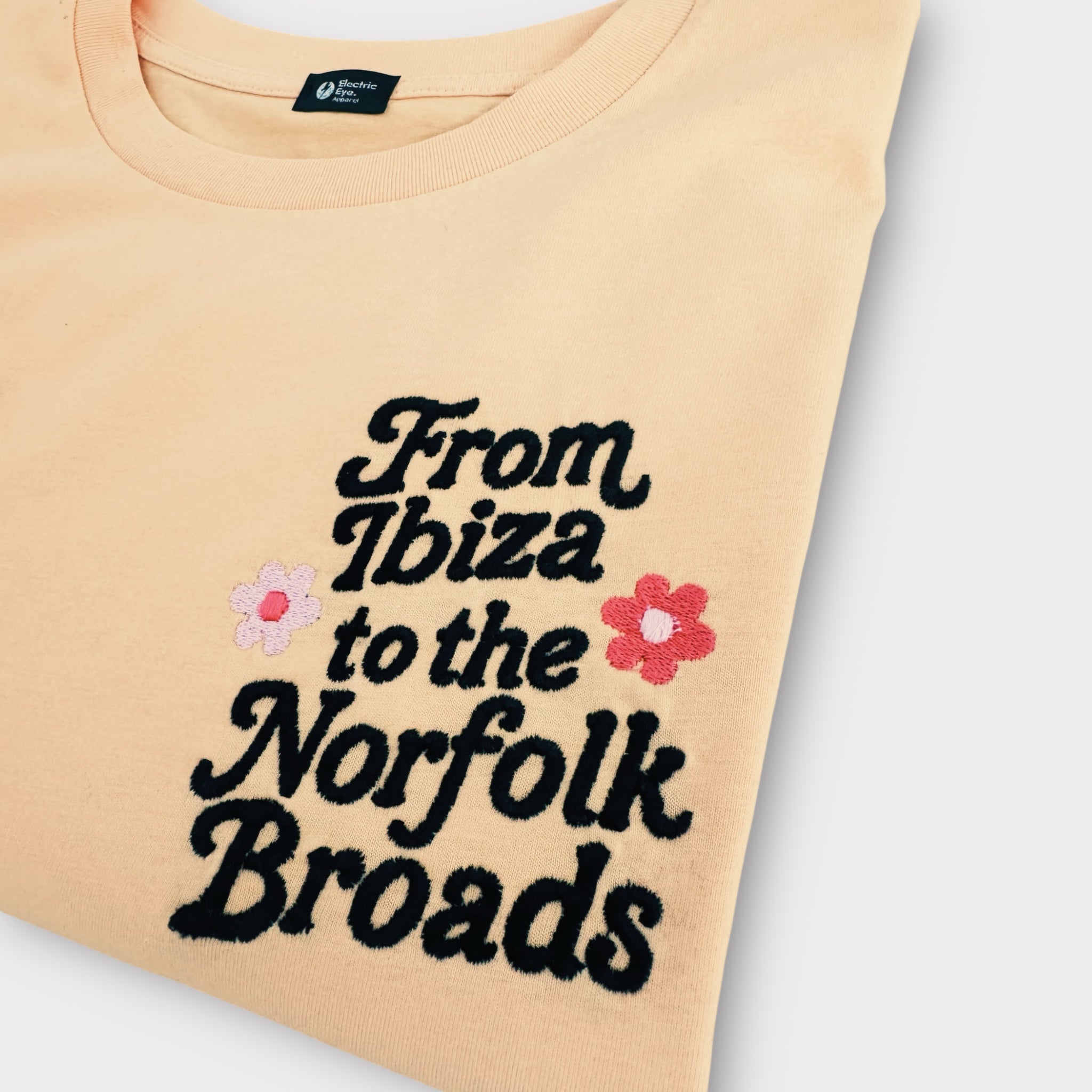 Flower Power 'FROM IBIZA TO THE NORFOLK BROADS' embroidered women's left chest premium organic medium fit 'Muser' t-shirt - inspired by David Bowie