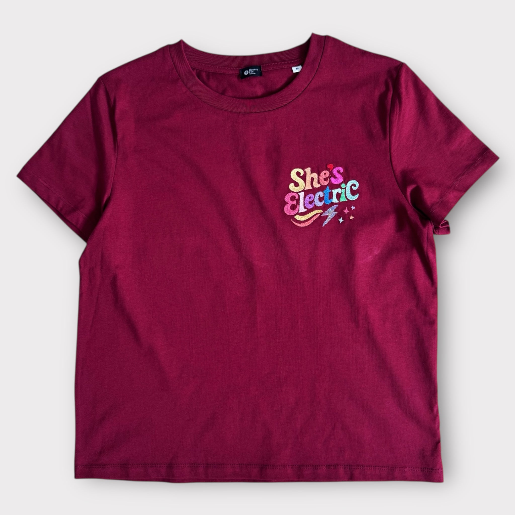 Retro Rainbow 'SHE'S ELECTRIC' embroidered women's left chest premium organic medium fit 'Muser' t-shirt - inspired by Oasis