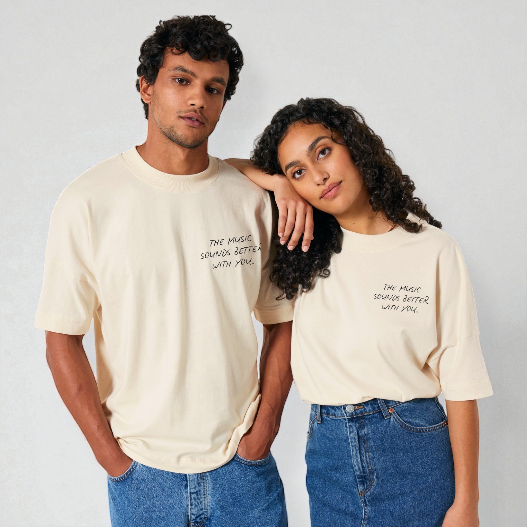 'THE MUSIC SOUNDS BETTER WITH YOU' left chest embroidered heavy weight organic cotton unisex drop shoulder 'blaster' t-shirt
