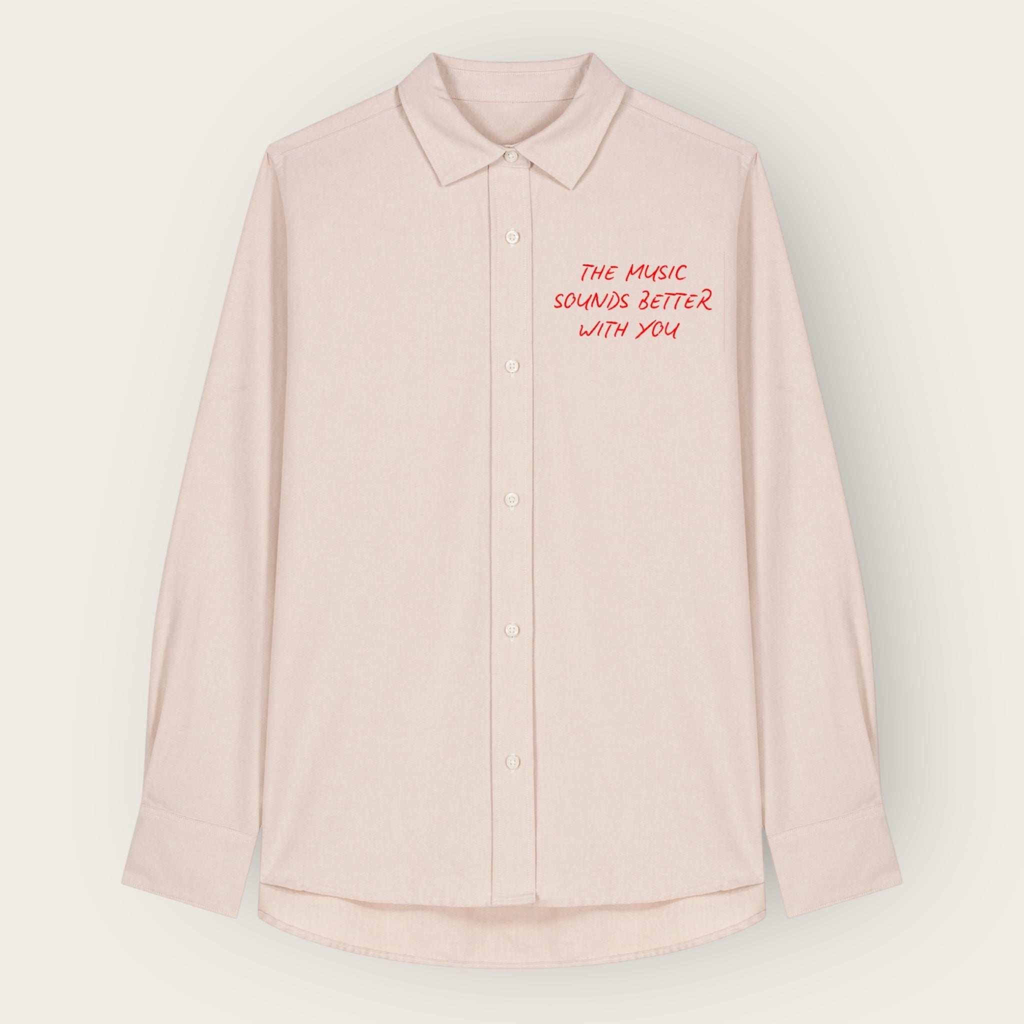 'THE MUSIC SOUNDS BETTER WITH YOU' embroidered women's classic fit organic cotton 'Oxford' shirt