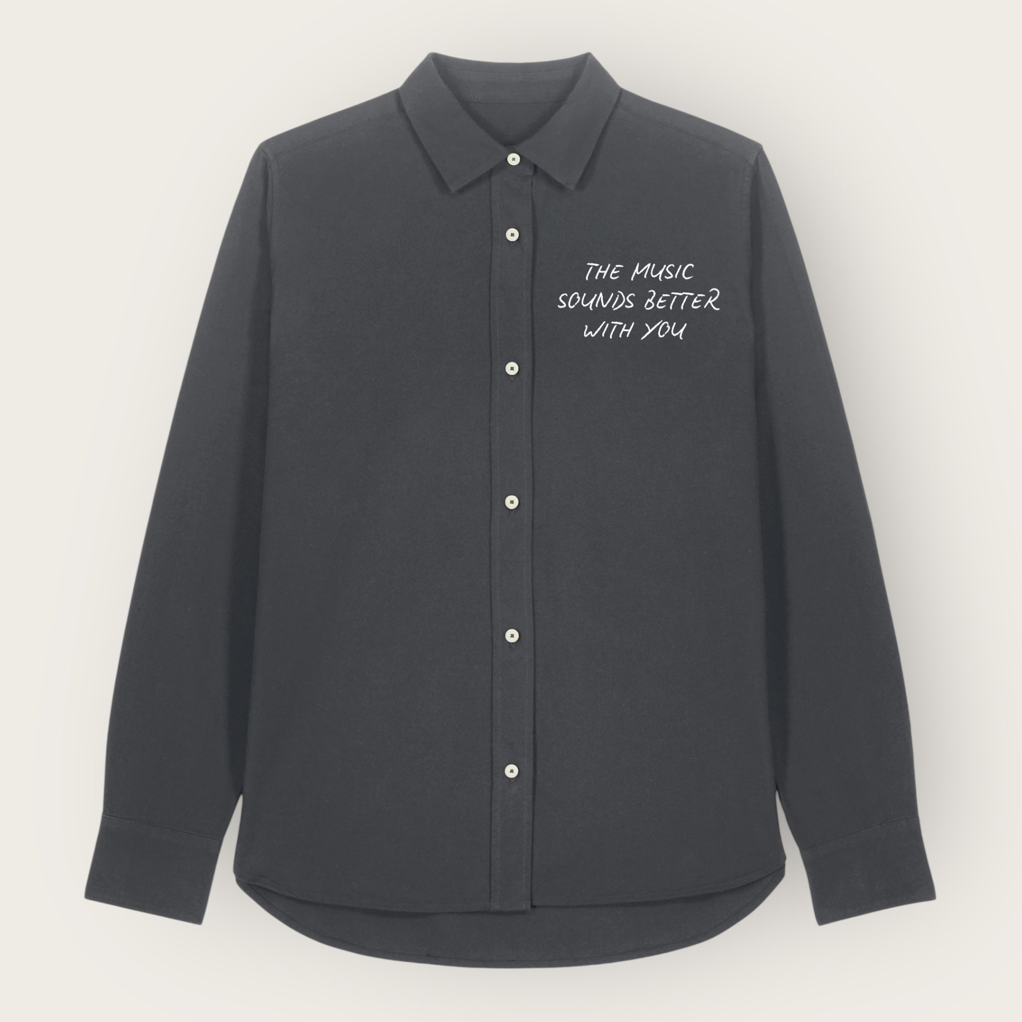 'THE MUSIC SOUNDS BETTER WITH YOU' embroidered women's classic fit organic cotton 'Oxford' shirt