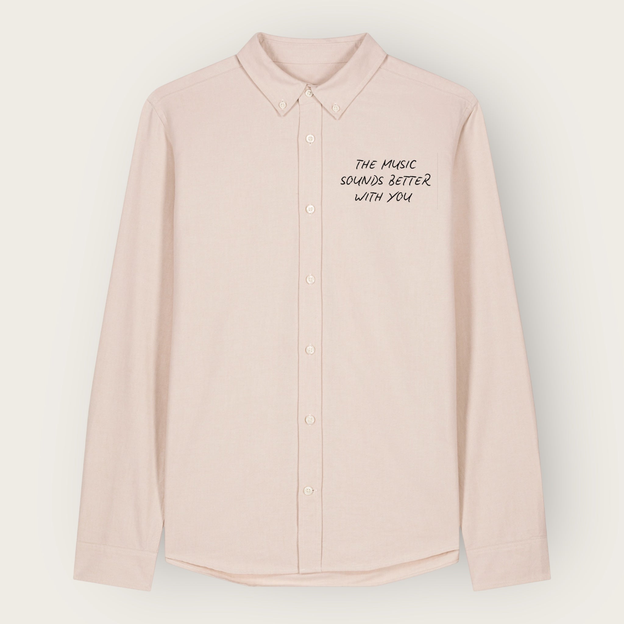 'THE MUSIC SOUNDS BETTER WITH YOU' embroidered women's oversized boyfriend fit organic cotton 'Oxford' shirt