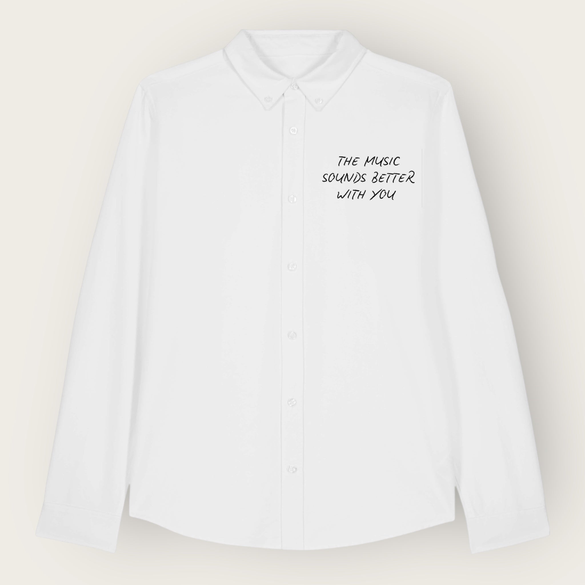 'THE MUSIC SOUNDS BETTER WITH YOU' embroidered women's oversized boyfriend fit organic cotton 'Oxford' shirt
