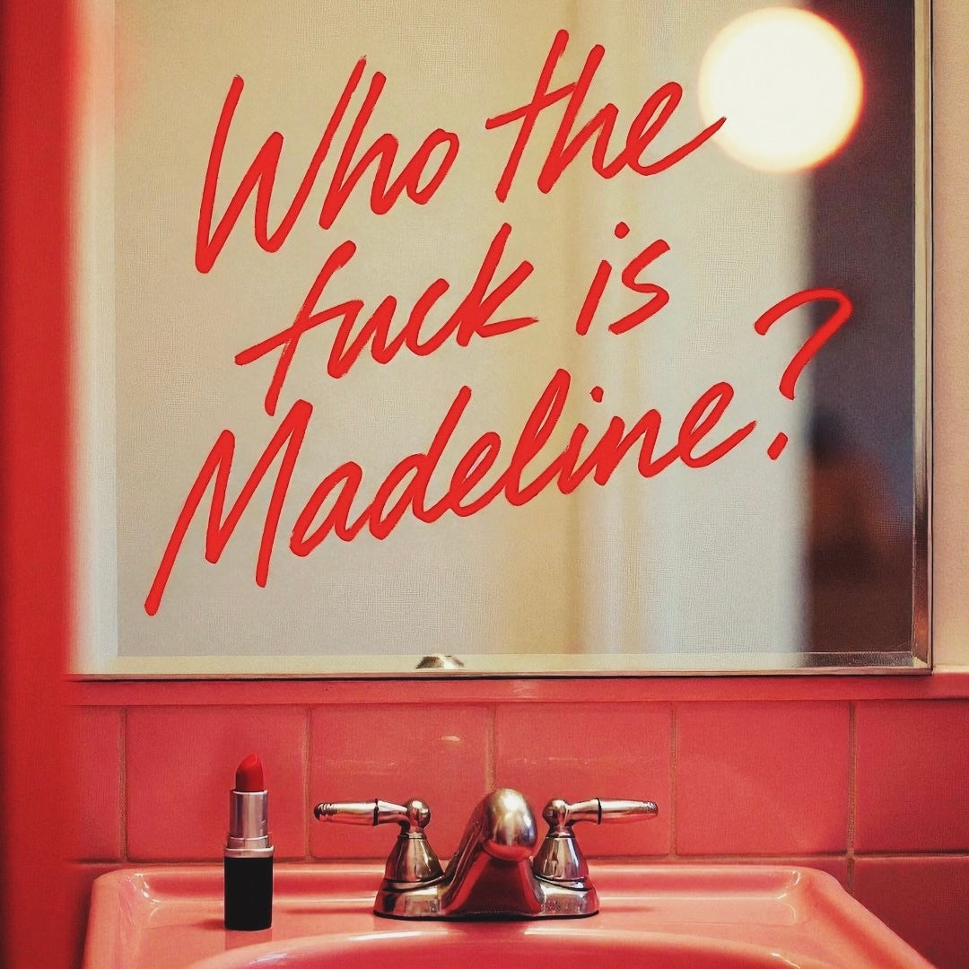 'WHO THE F CK IS MADELINE?' lipstick scrawl embroidered premium organic women's boxy 'nova' t-shirt