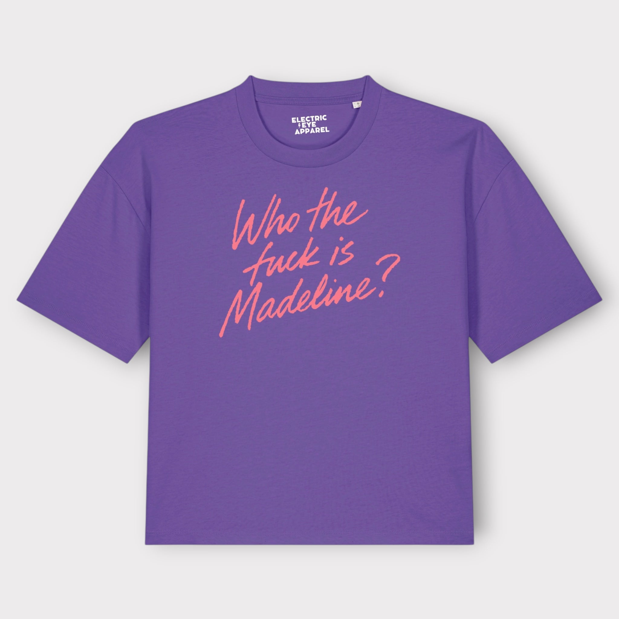 'WHO THE F CK IS MADELINE?' lipstick scrawl embroidered premium organic women's boxy 'nova' t-shirt