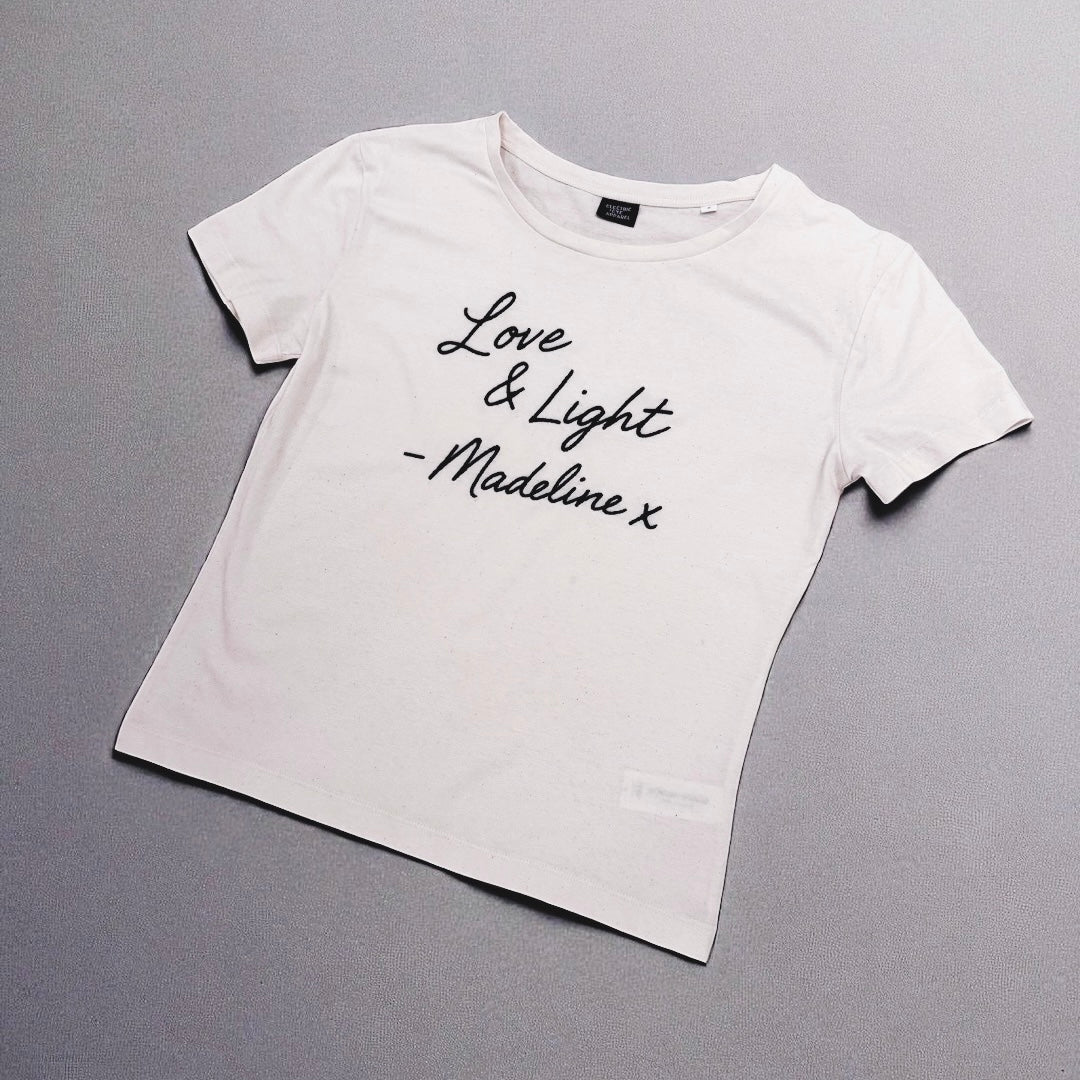 'LOVE & LIGHT MADELINE X' embroidered premium organic women's 'Serena' t-shirt inspired by Lily Allen