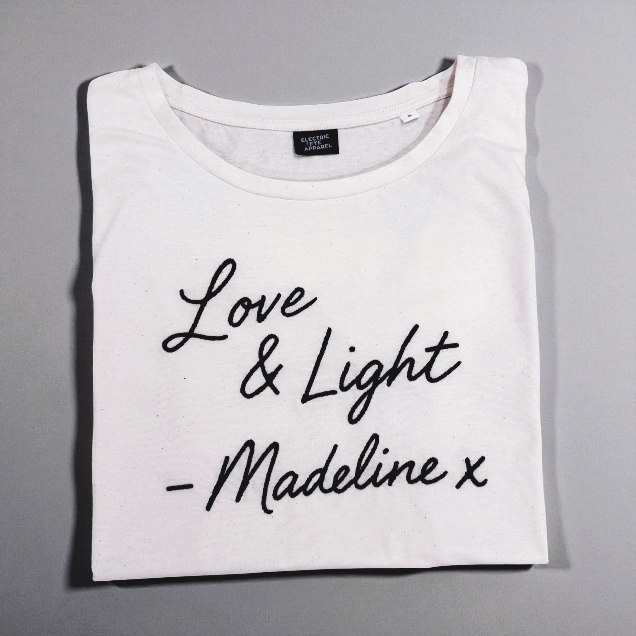 'LOVE & LIGHT MADELINE X' embroidered premium organic women's 'Serena' t-shirt inspired by Lily Allen