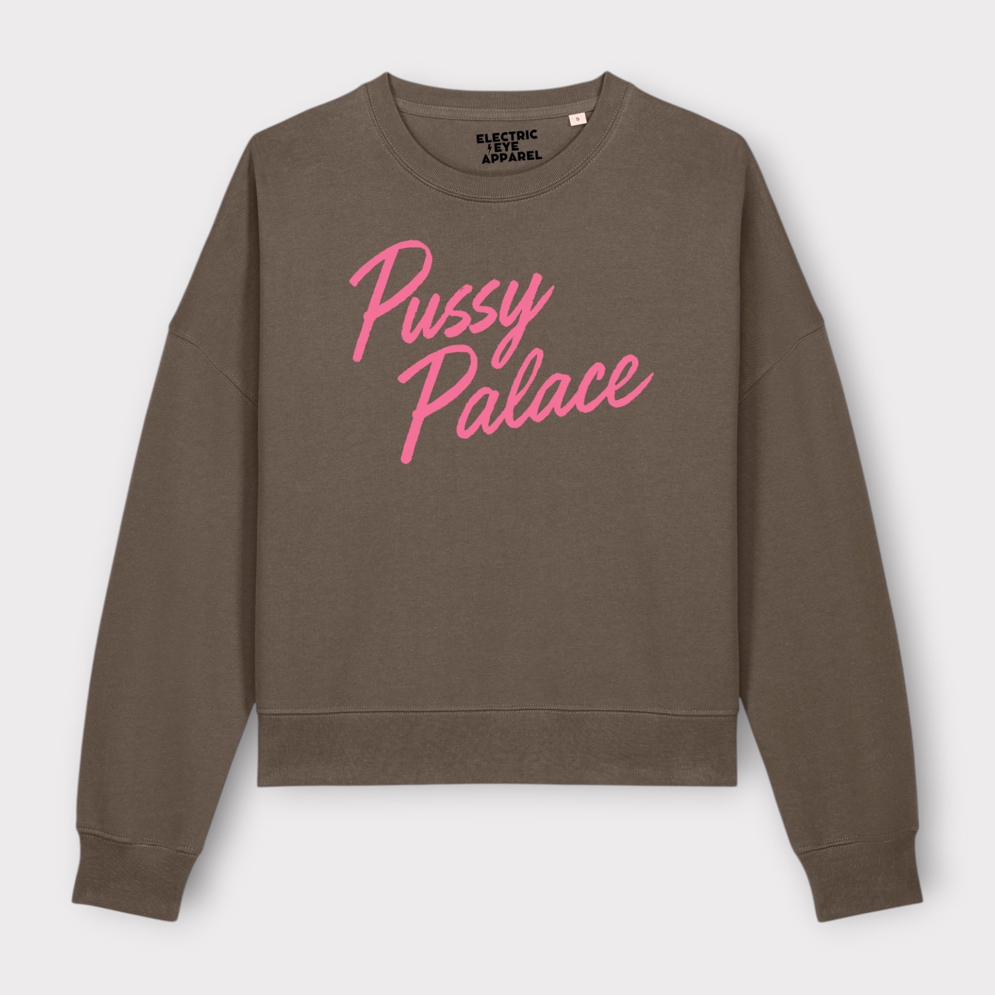 'PUSSY PALACE' embroidered organic women's dropped shoulder 'alma' sweatshirt