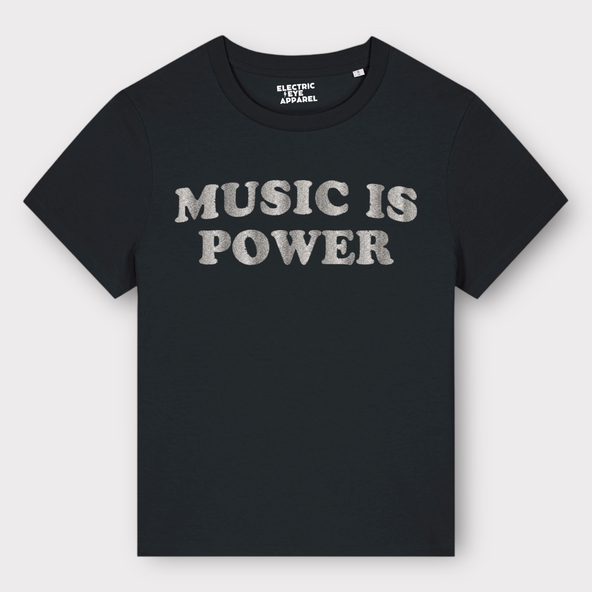 'MUSIC IS POWER' embroidered premium organic iconic women's 'Muser' t-shirt