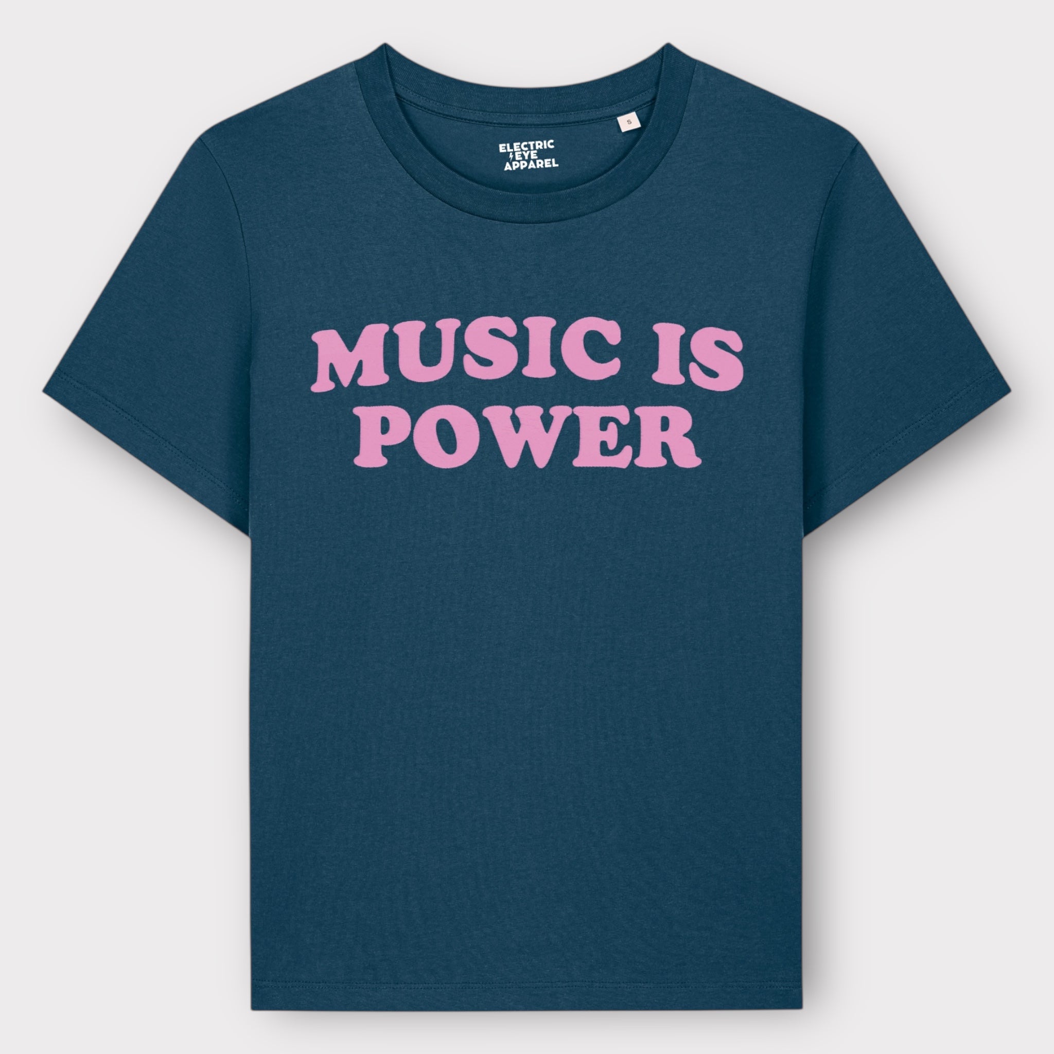 'MUSIC IS POWER' embroidered premium organic iconic women's 'Muser' t-shirt