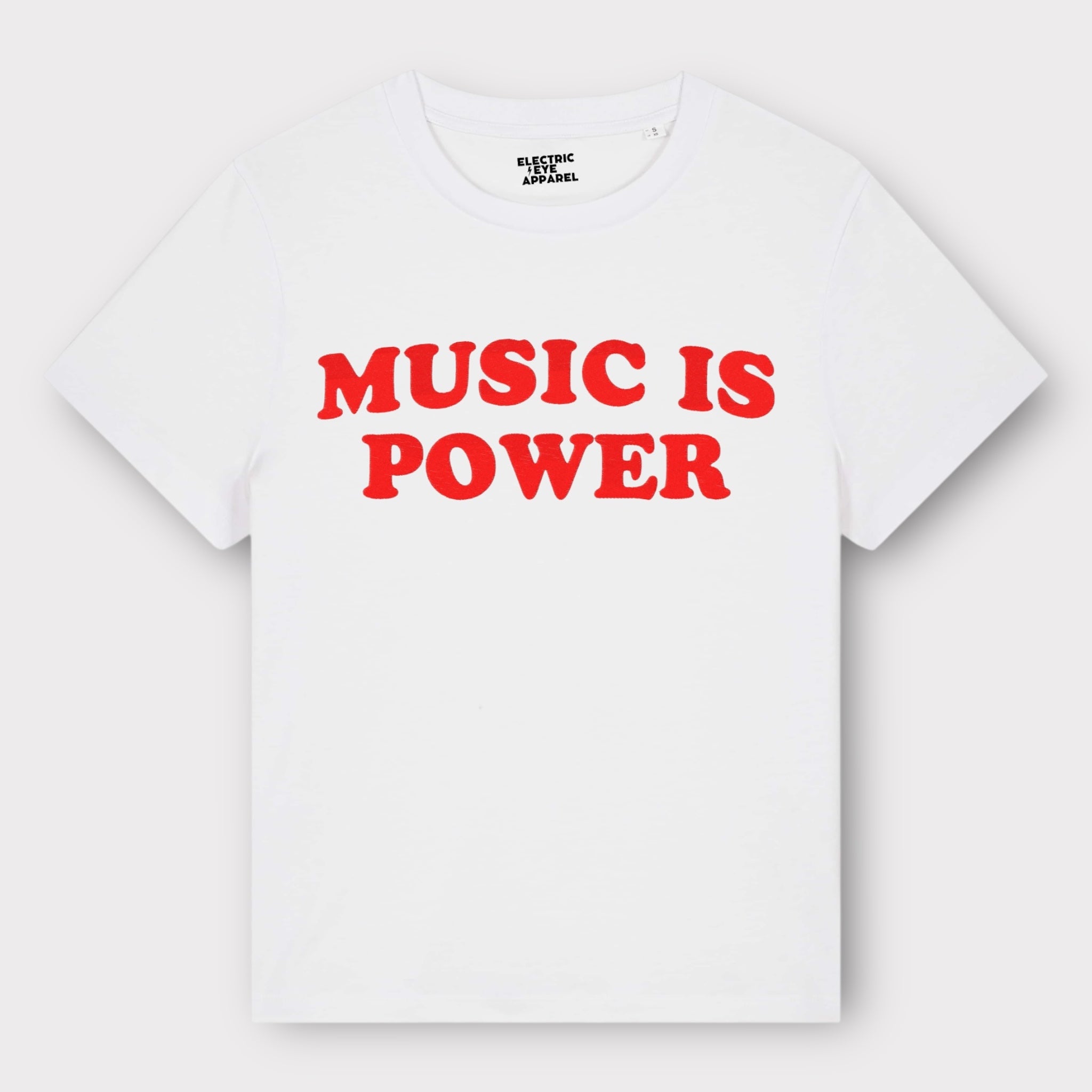 'MUSIC IS POWER' embroidered premium organic iconic women's 'Muser' t-shirt