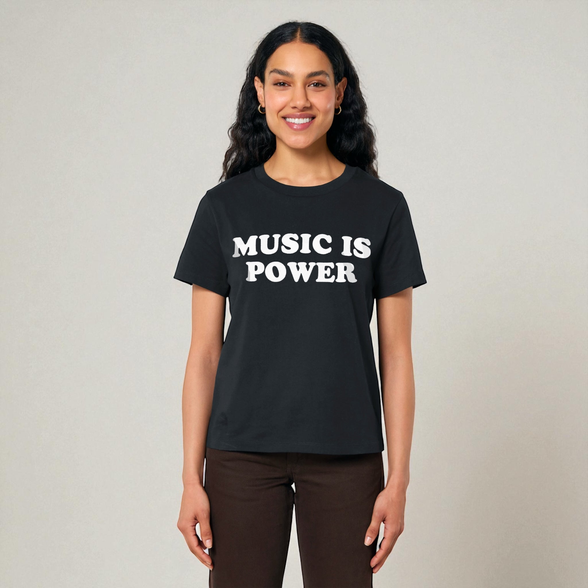 'MUSIC IS POWER' embroidered premium organic iconic women's 'Muser' t-shirt