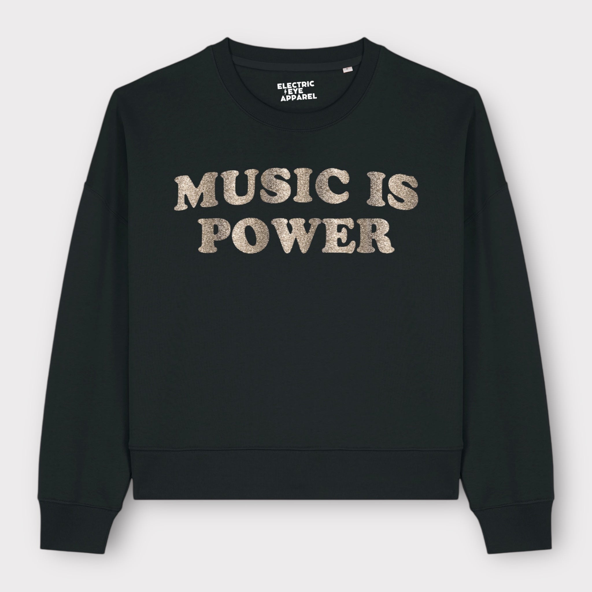 'MUSIC IS POWER' embroidered organic women's dropped shoulder 'Alma' sweatshirt