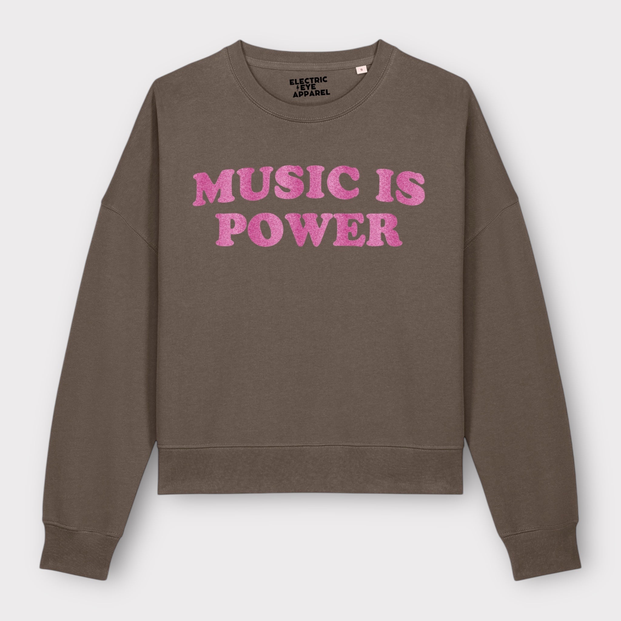'MUSIC IS POWER' embroidered organic women's dropped shoulder 'Alma' sweatshirt
