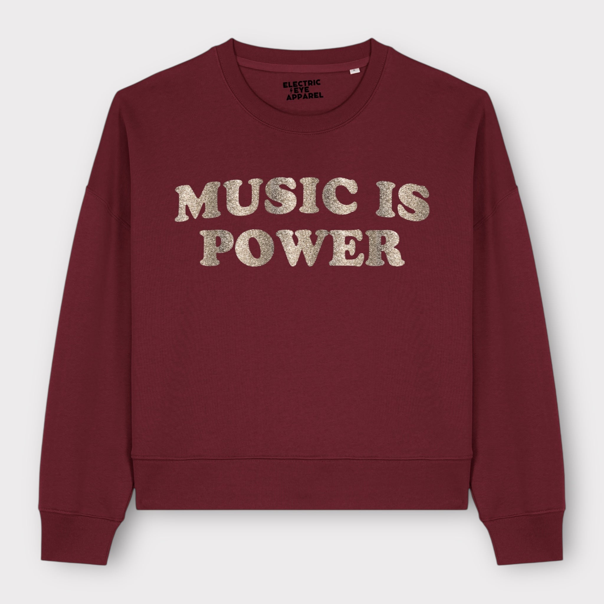 'MUSIC IS POWER' embroidered organic women's dropped shoulder 'Alma' sweatshirt