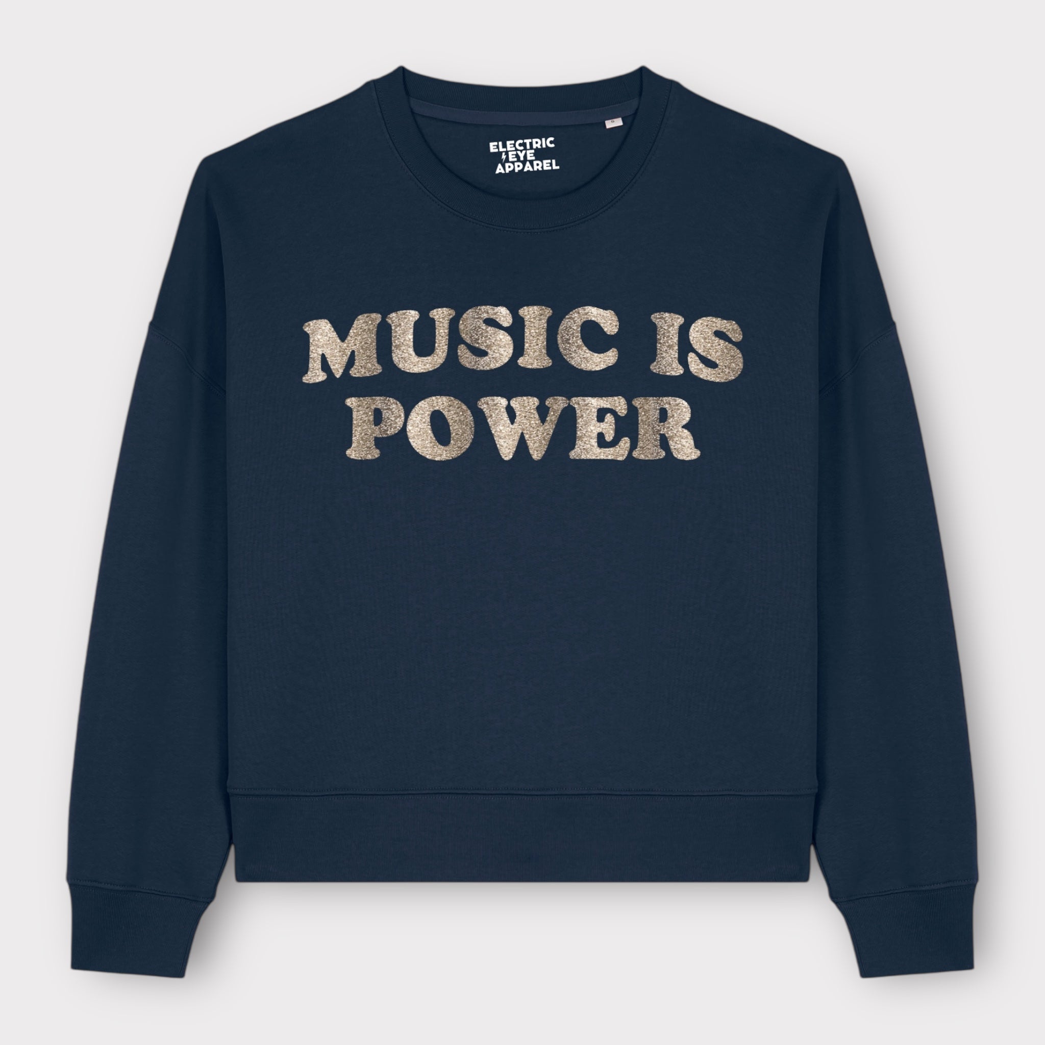 'MUSIC IS POWER' embroidered organic women's dropped shoulder 'Alma' sweatshirt