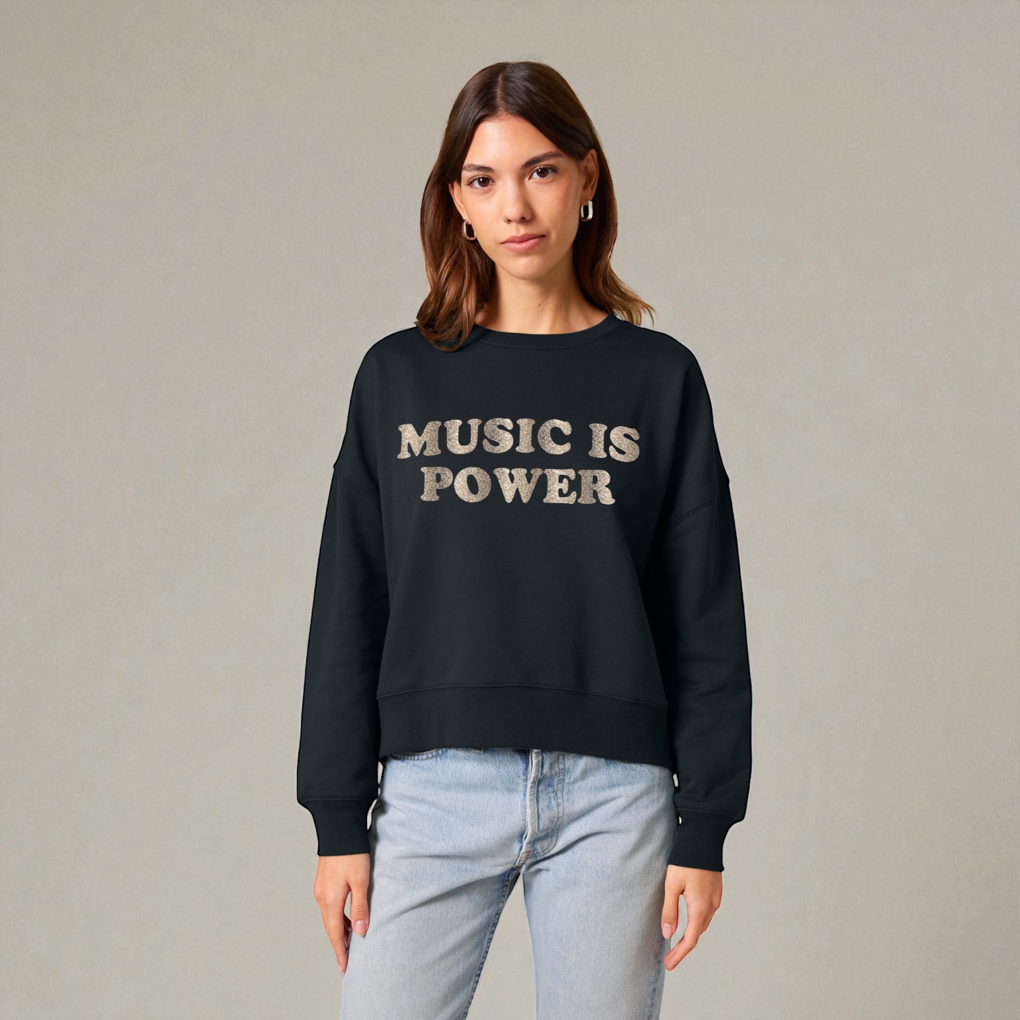 'MUSIC IS POWER' embroidered organic women's dropped shoulder 'Alma' sweatshirt